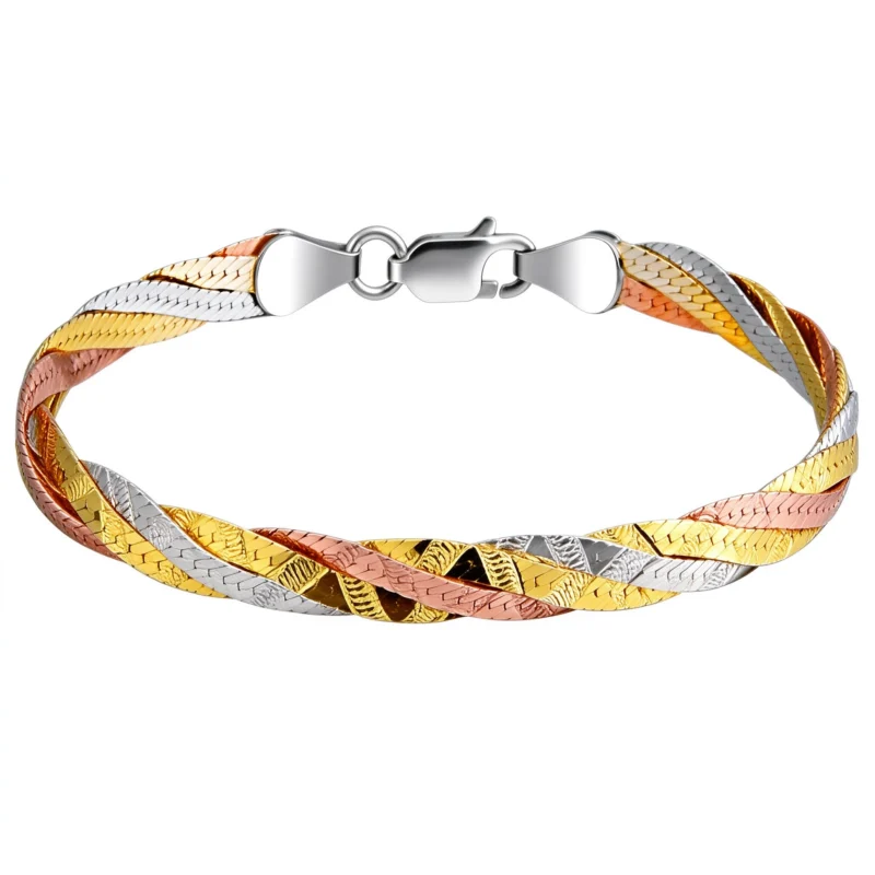Triple strand braided bracelet 925 sterling silver tri-color for women