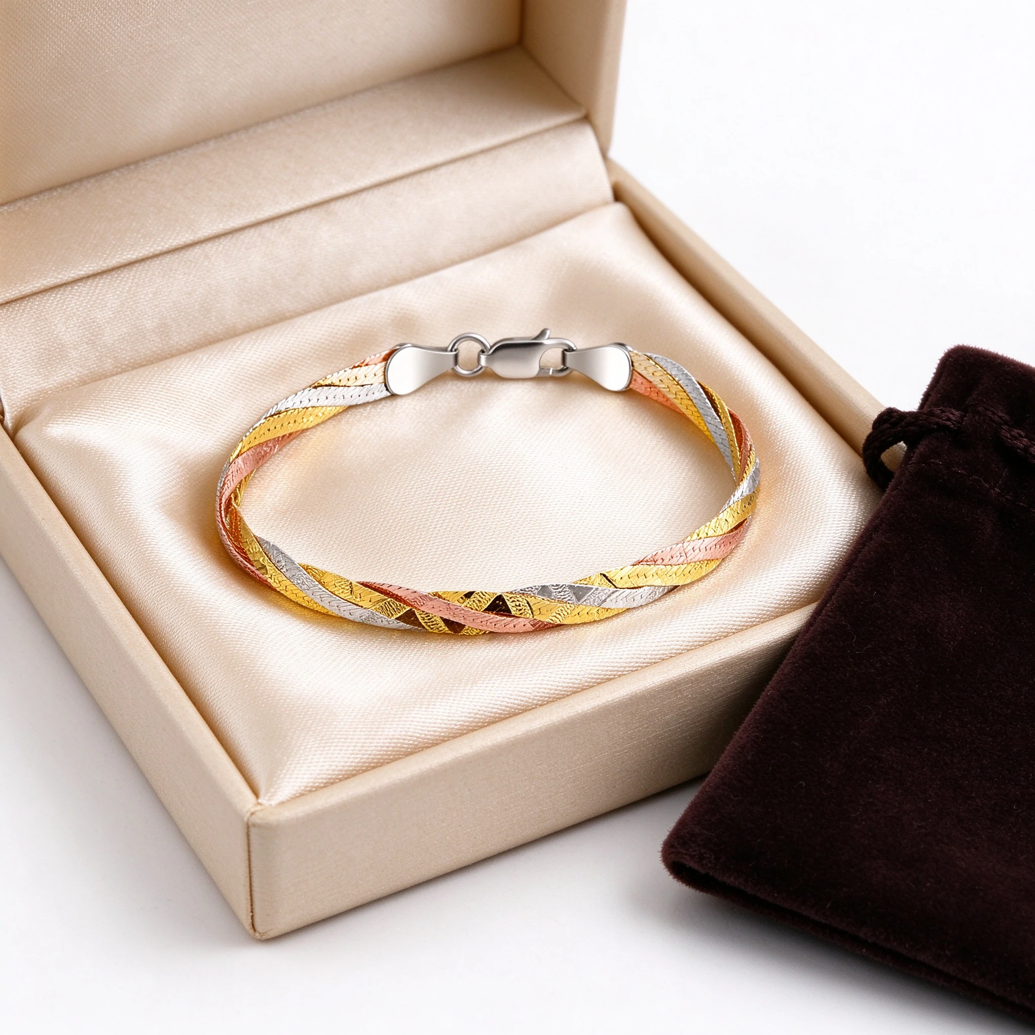 Gift box and velvet pouch for triple strand braided bracelet 925