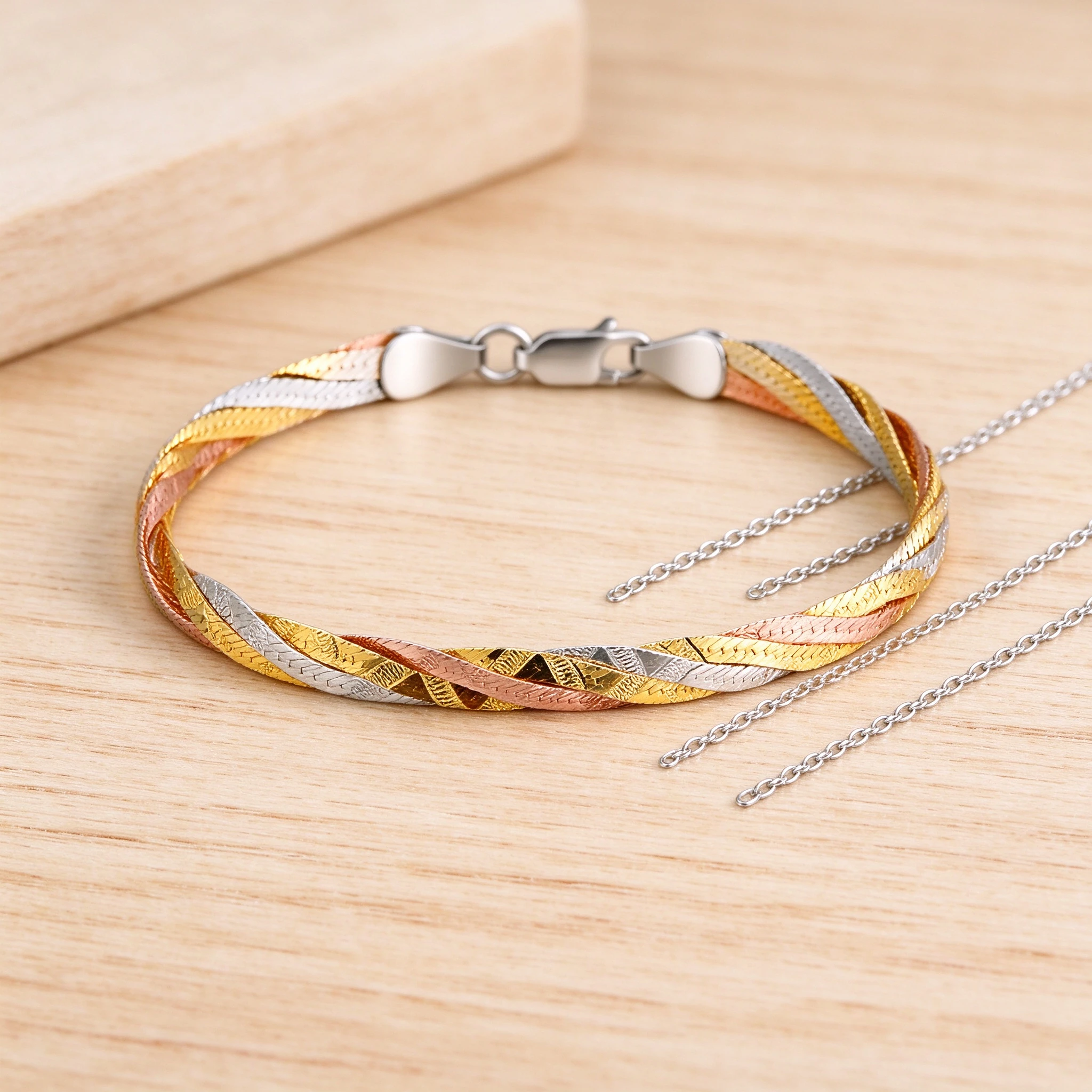Triple strand braided bracelet design story showing twisted braid texture and laser-cut facets