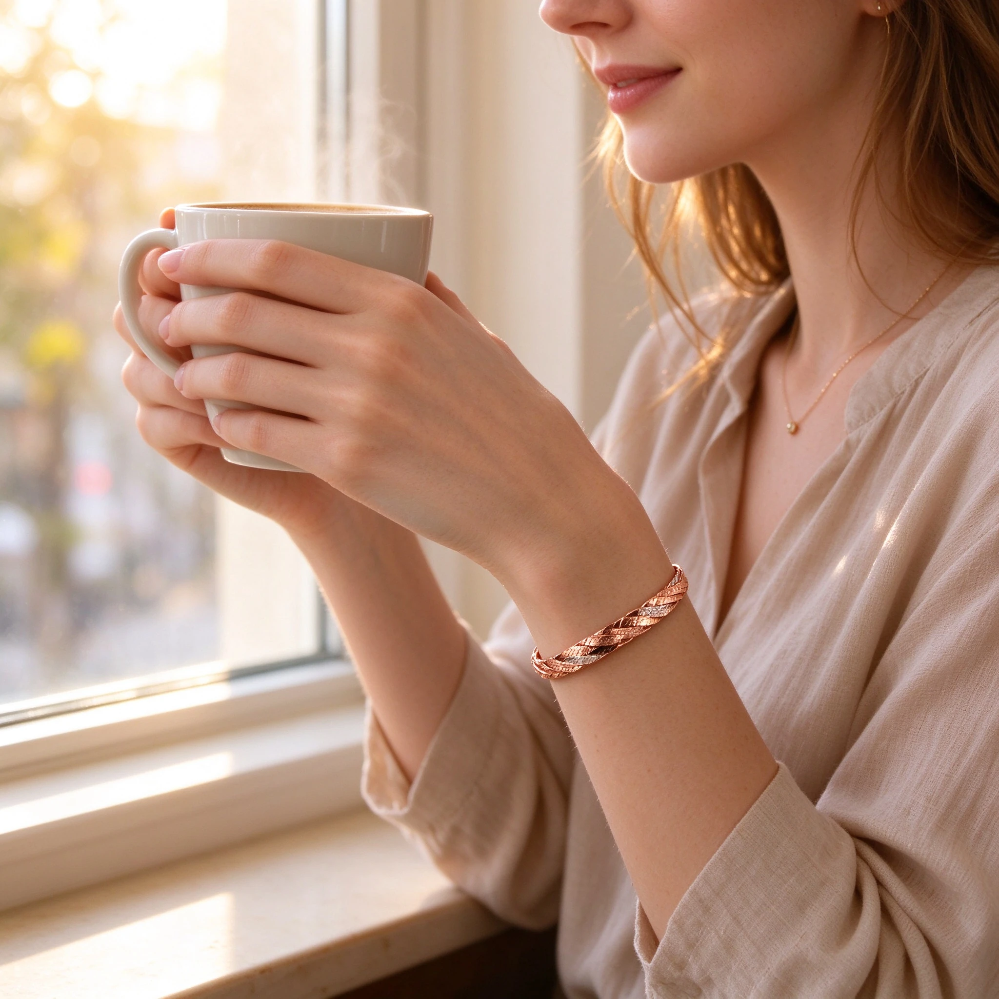 Woman wearing triple strand braided bracelet in soft natural light