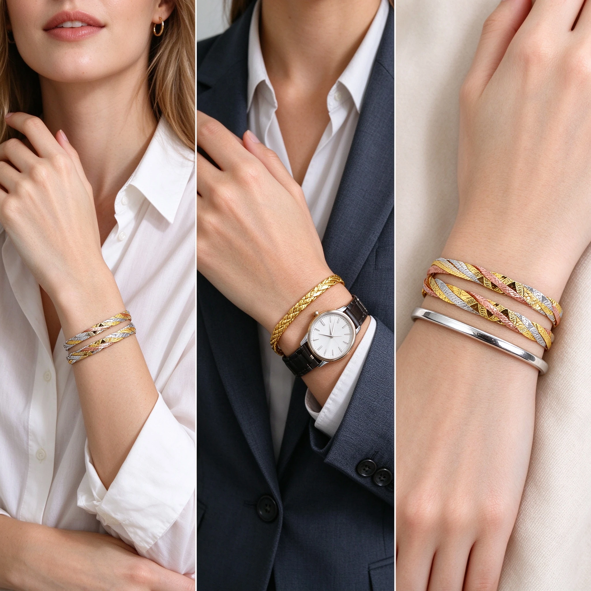 Triple strand braided bracelet styling guide with minimal outfits