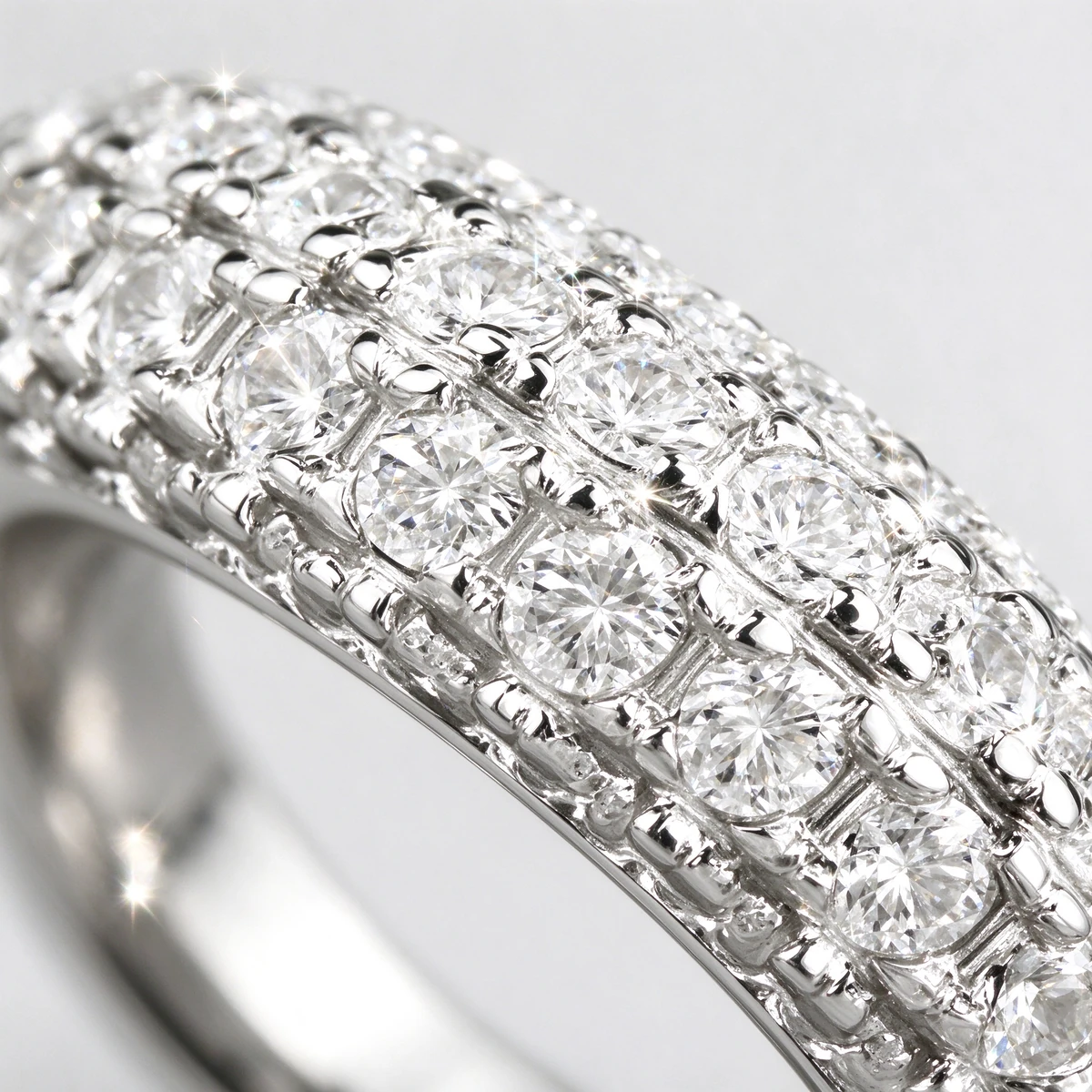 Micro-pave detail close-up, white zircon eternity band silver ring
