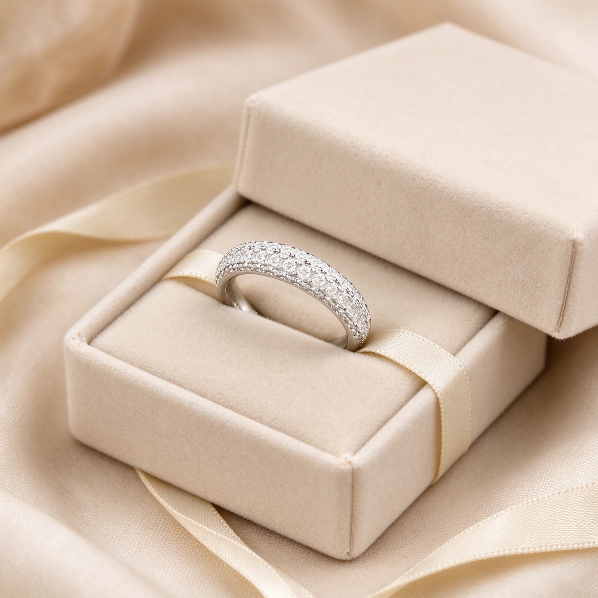 Pave eternity ring gift box, white zircon ring presented in cream jewelry box