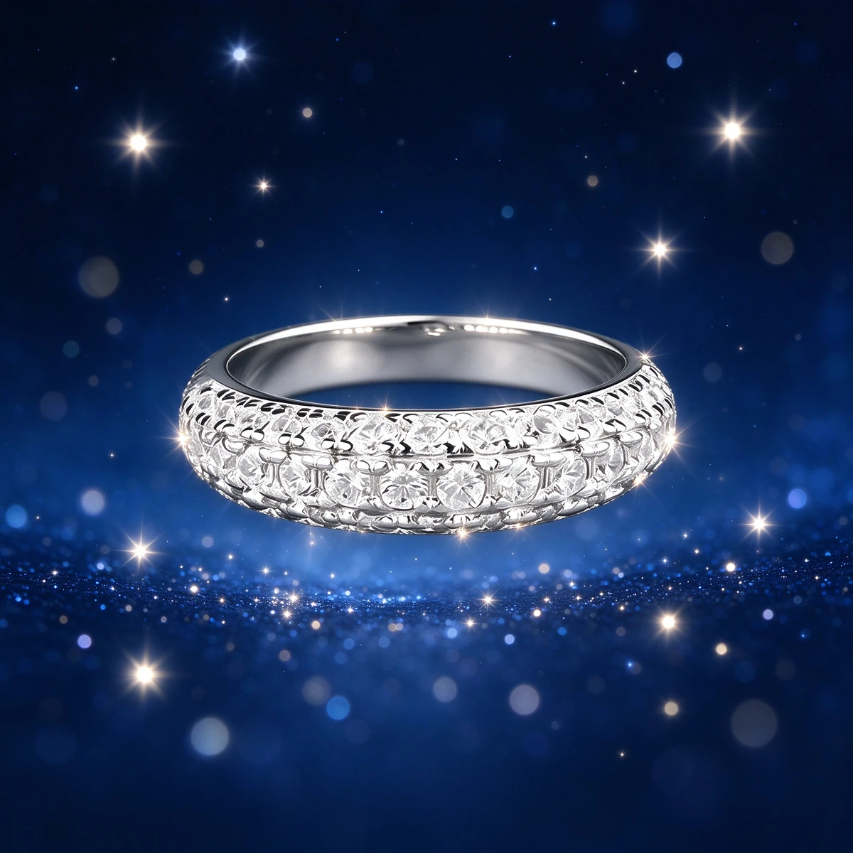 Starlight pave eternity ring design story, full circle white zircon on deep blue night sky
