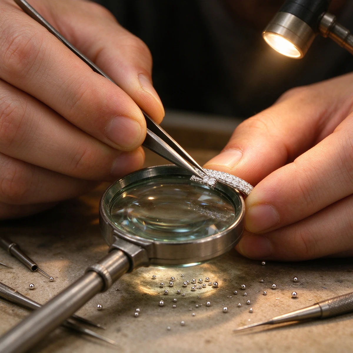 Micro-pave setting craftsmanship, jeweler setting white zircon ring by hand