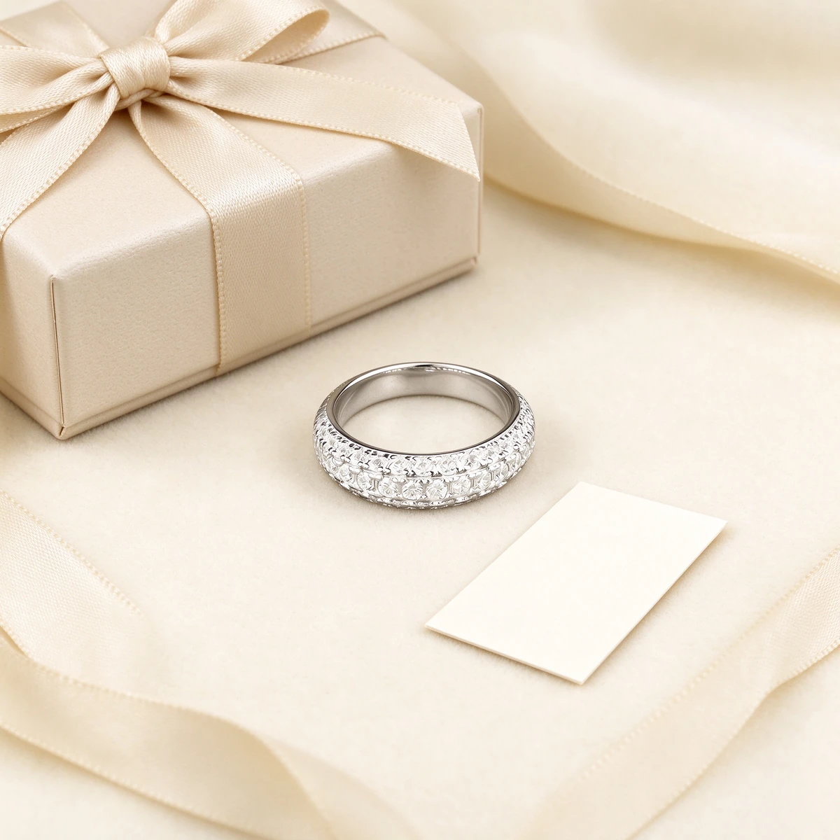 Pave eternity ring gift set, white zircon ring with cream gift box and ribbon
