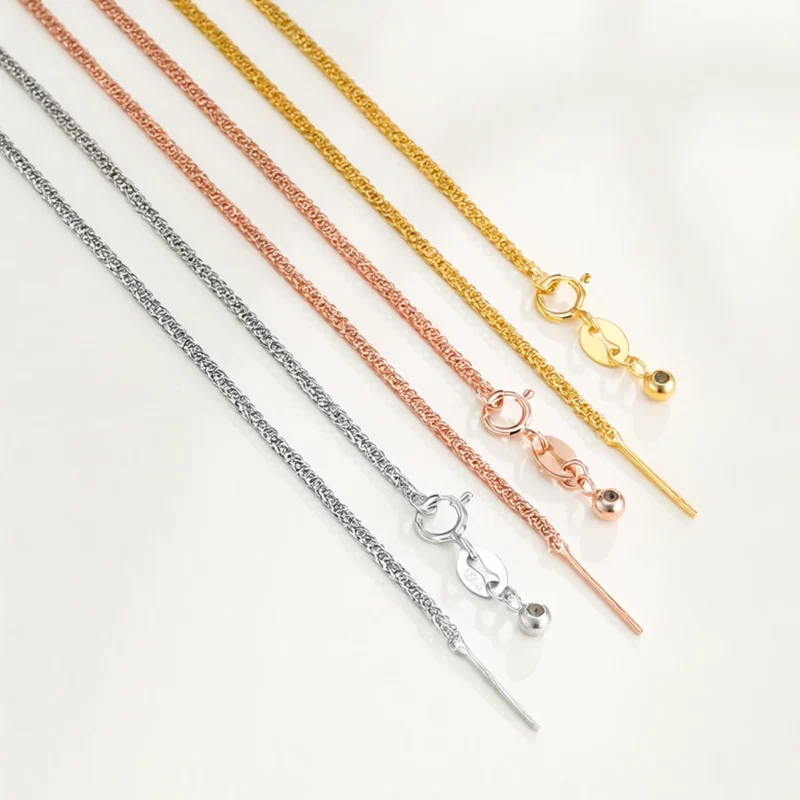 MIRAMETAL S925 Silver Peanut Bead Necklace Set of Three, White Silver 18K Gold and Rose Gold Faceted Bead Chain with Drawstring Clasp