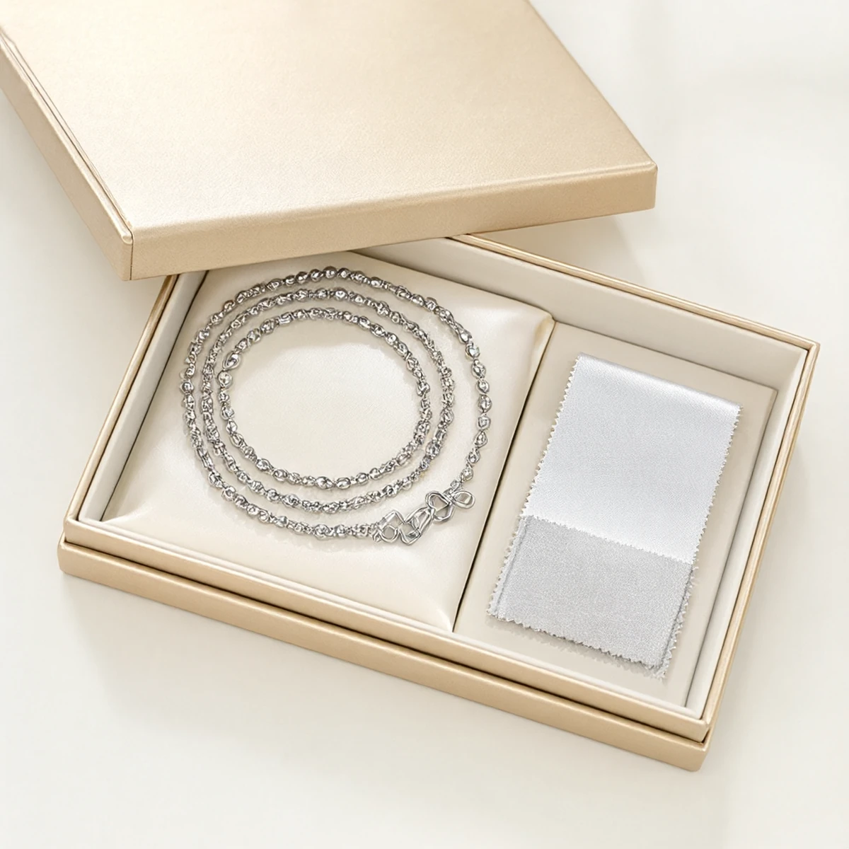 MIRAMETAL Luxury Gift Box with S925 Silver Peanut Bead Necklace, Polishing Cloth and Anti-Tarnish Pouch