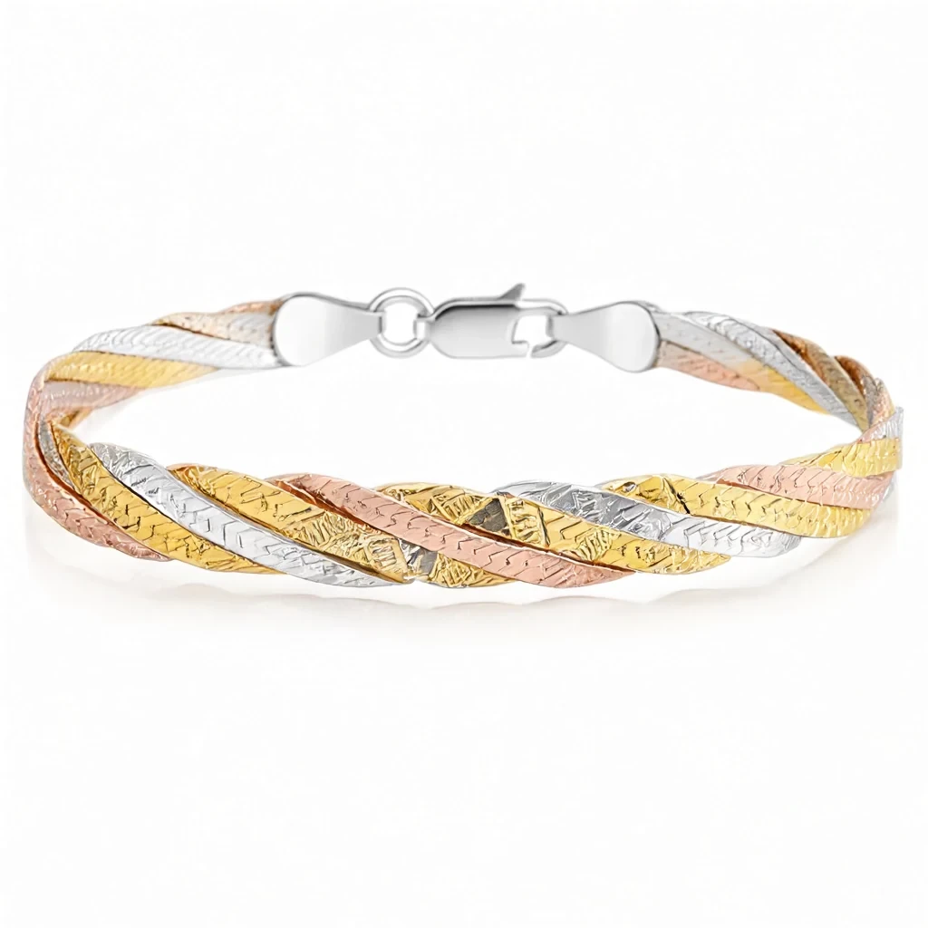 S925 silver three-line bracelet side profile — hand-wound rhodium and rose gold coils over sterling silver cuff - s925 silver bracelet