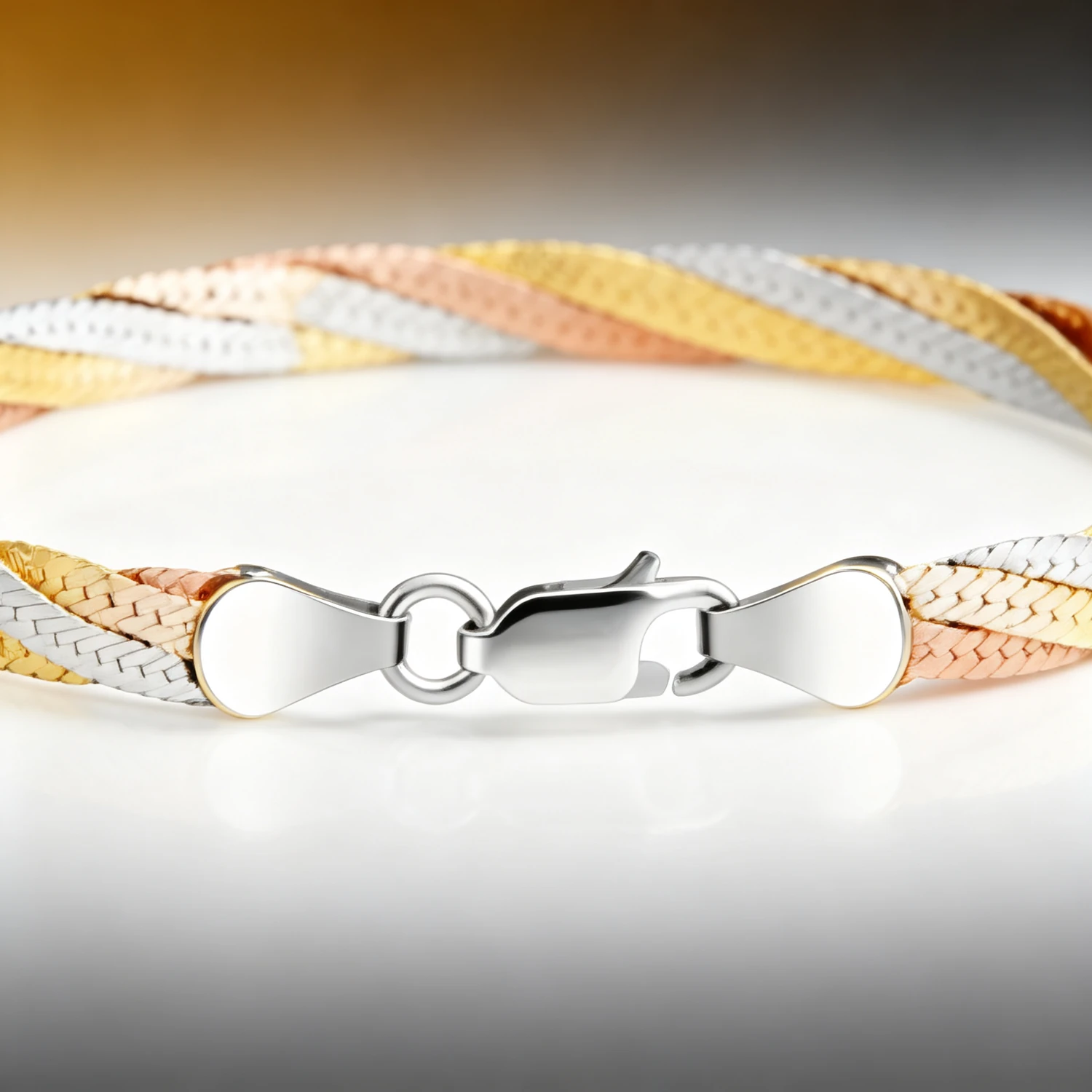 S925 silver three-line bracelet flat lay on white — rhodium and rose gold coils over polished sterling silver cuff - s925 silver bracelet