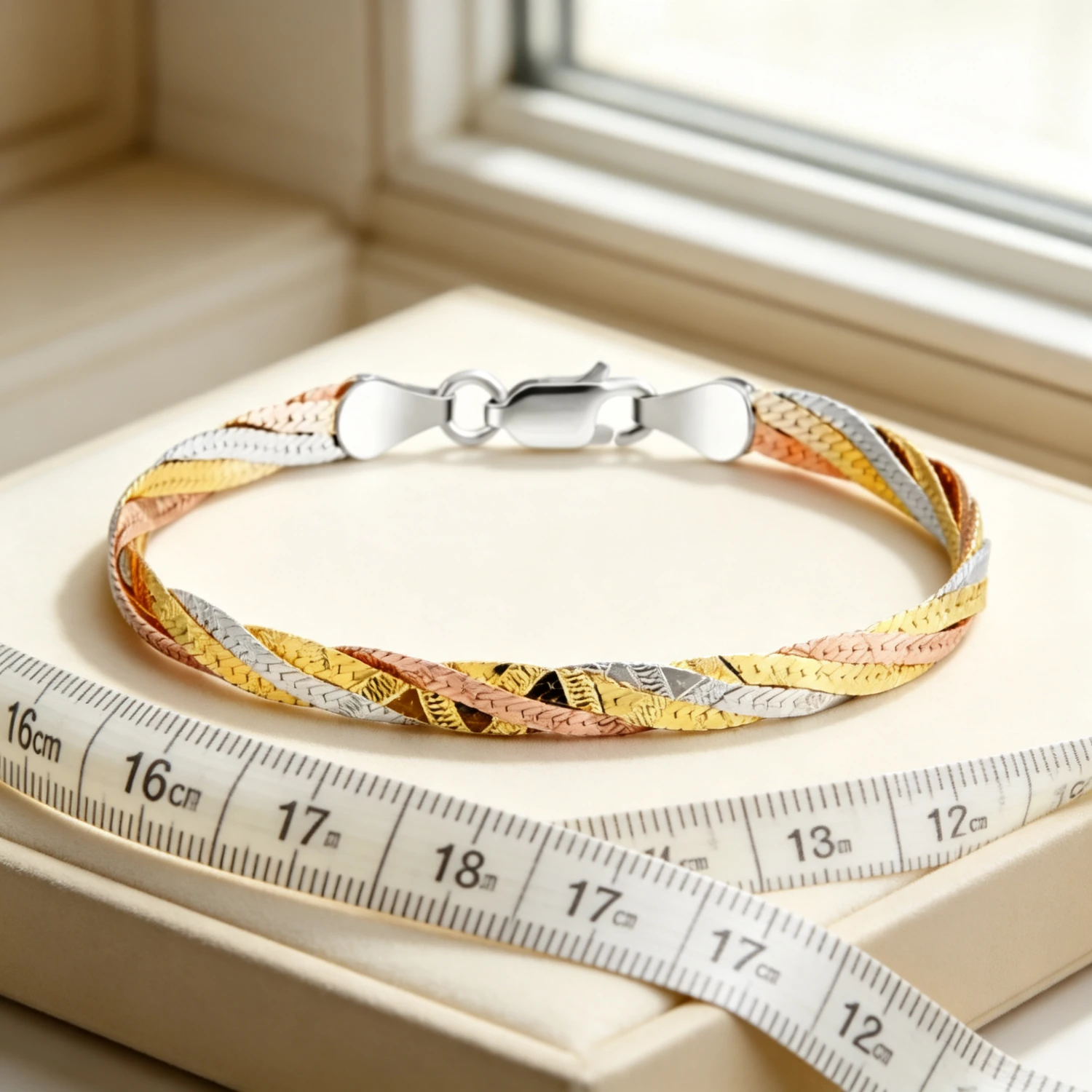 S925 silver three-line bracelet size guide — measuring tape showing 16 cm to 17.5 cm wrist sizing - s925 silver bracelet