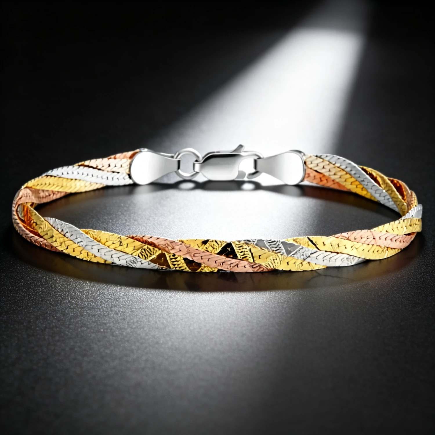 S925 silver three-line bracelet under directional studio light — two-tone rhodium and rose gold metal finish - s925 silver bracelet