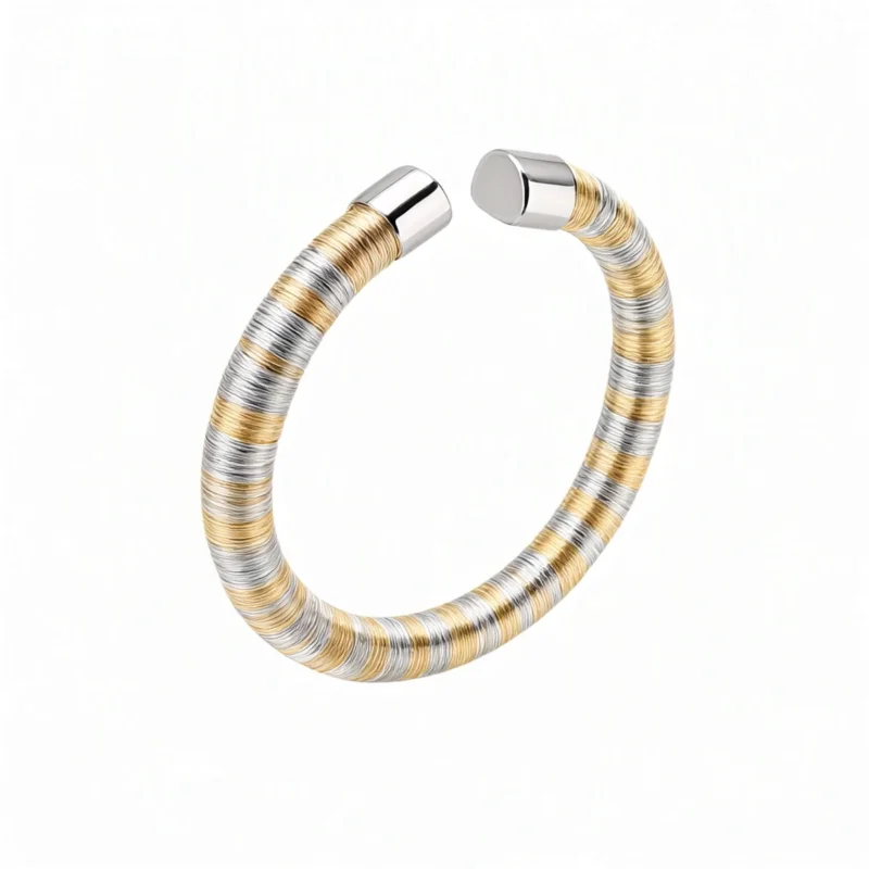 MIRAMETAL S925 Silver Bangle, Hand-Wound Wire-Wrapped Two-Tone Cuff in 18K Gold and Rhodium, 925 Sterling Silver