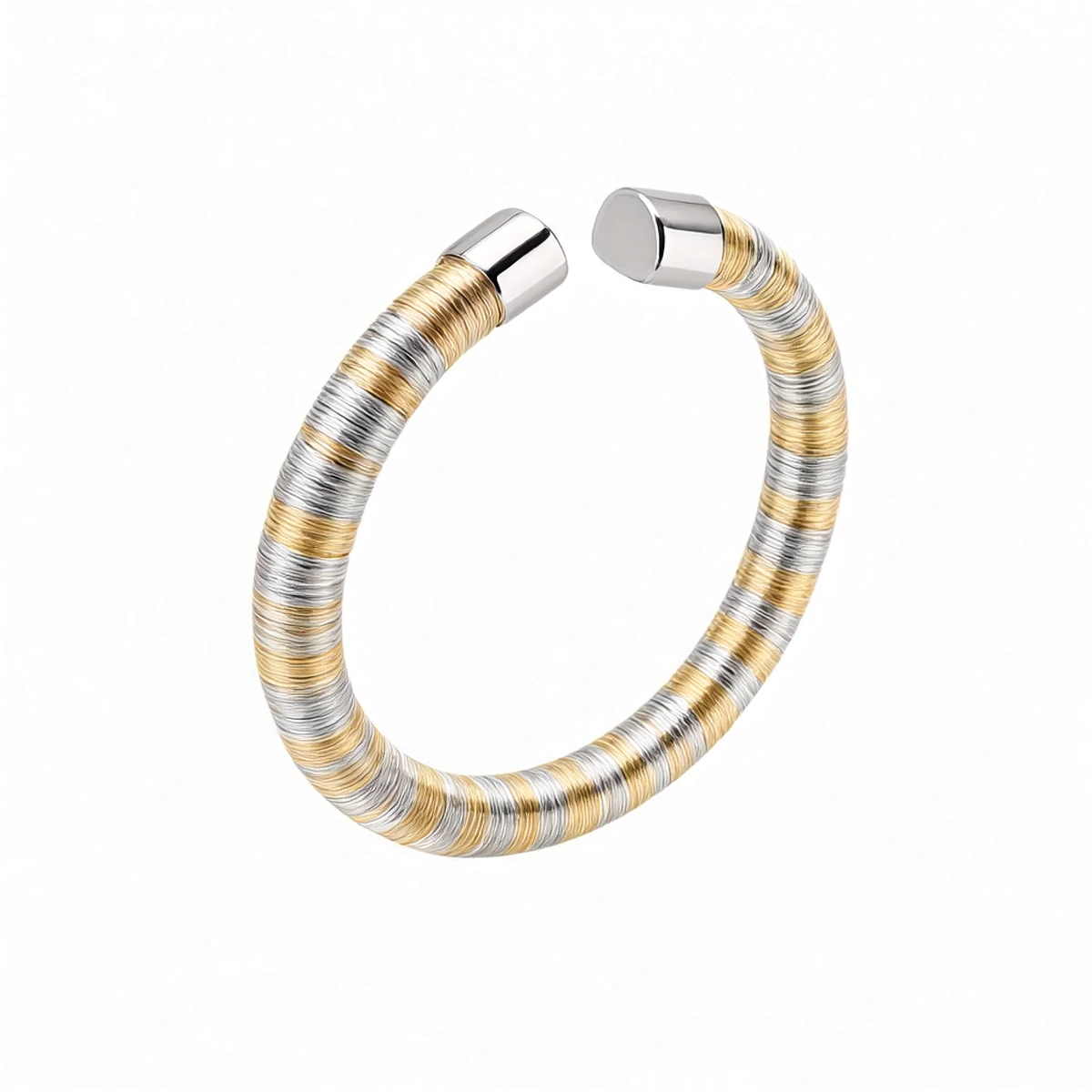 S925 Silver Bangle – Hand-Wound Wire-Wrapped C-Shape Two-Tone