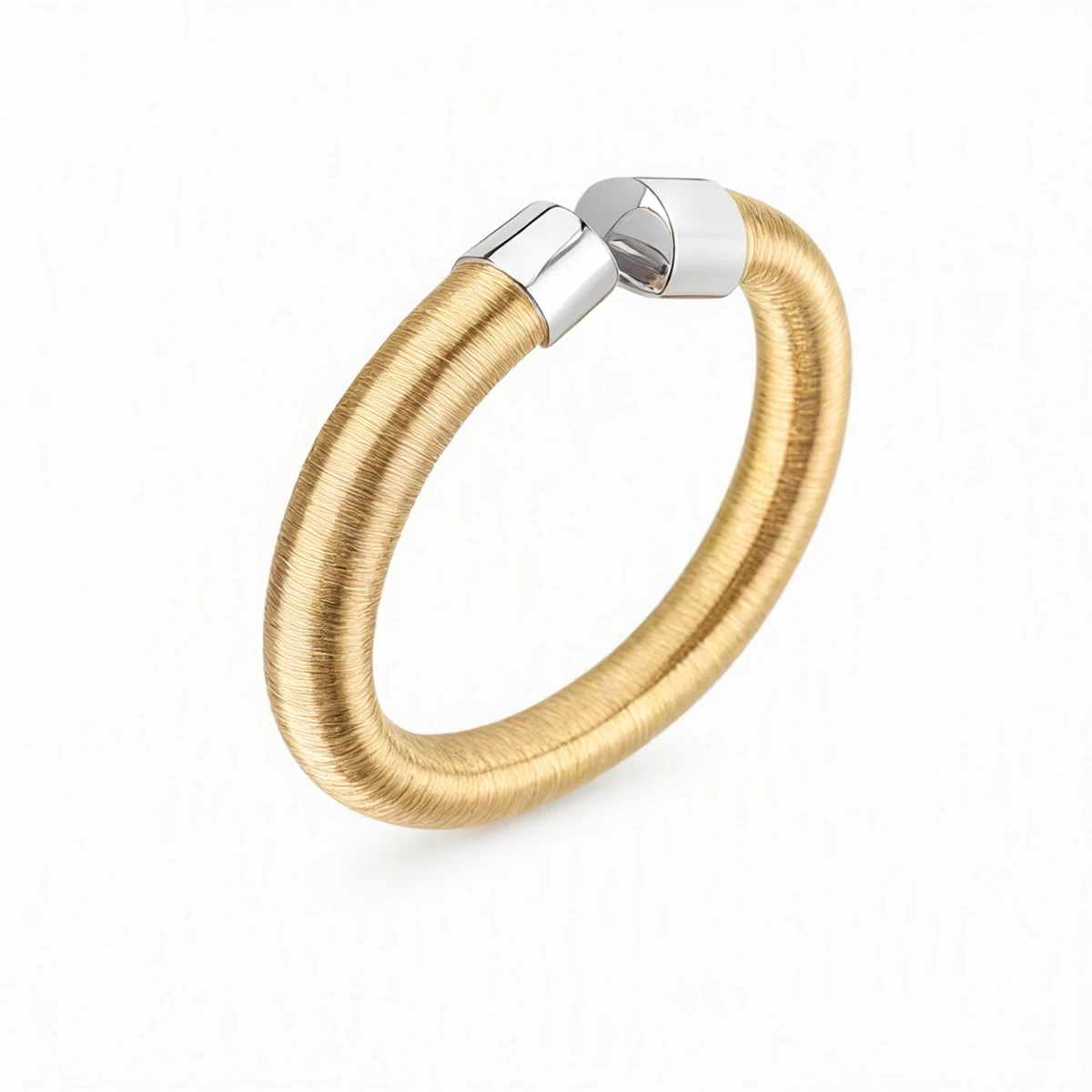 Close-up of Hand-Wound Wire Wrap on S925 Silver Bangle, 18K Gold and Rhodium Two-Tone Plating Detail
