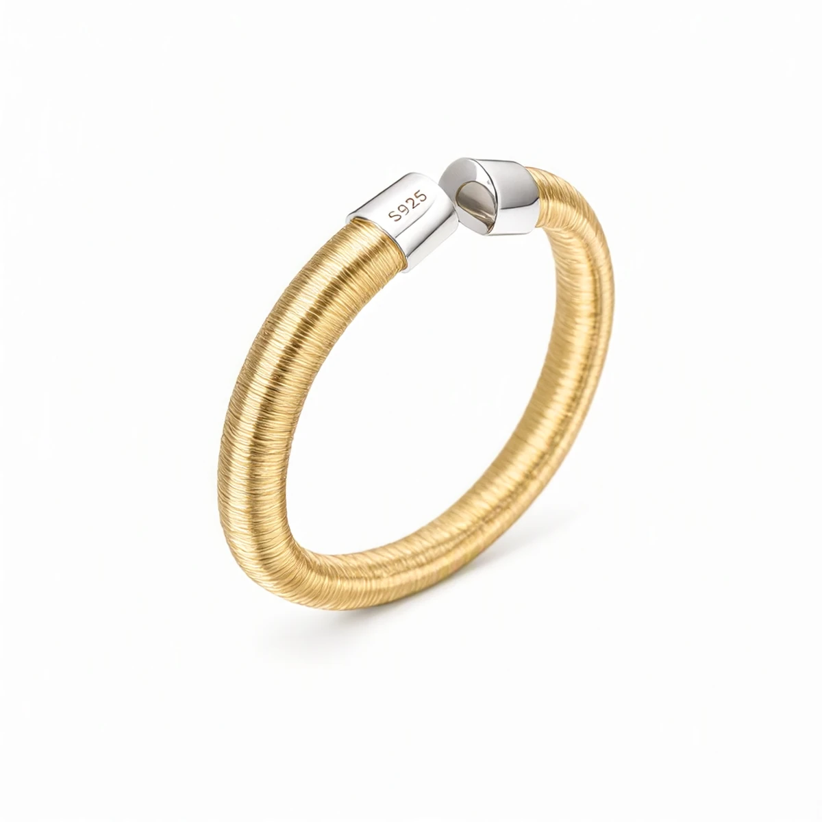 S925 Silver Bangle end-cap stamp close-up — 925 sterling silver mark on the two-tone wire-wrapped cuff
