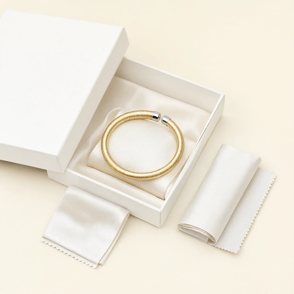 MIRAMETAL Luxury Gift Box with Two-Tone Wire-Wrapped S925 Silver Bangle, Polishing Cloth and Anti-Tarnish Pouch