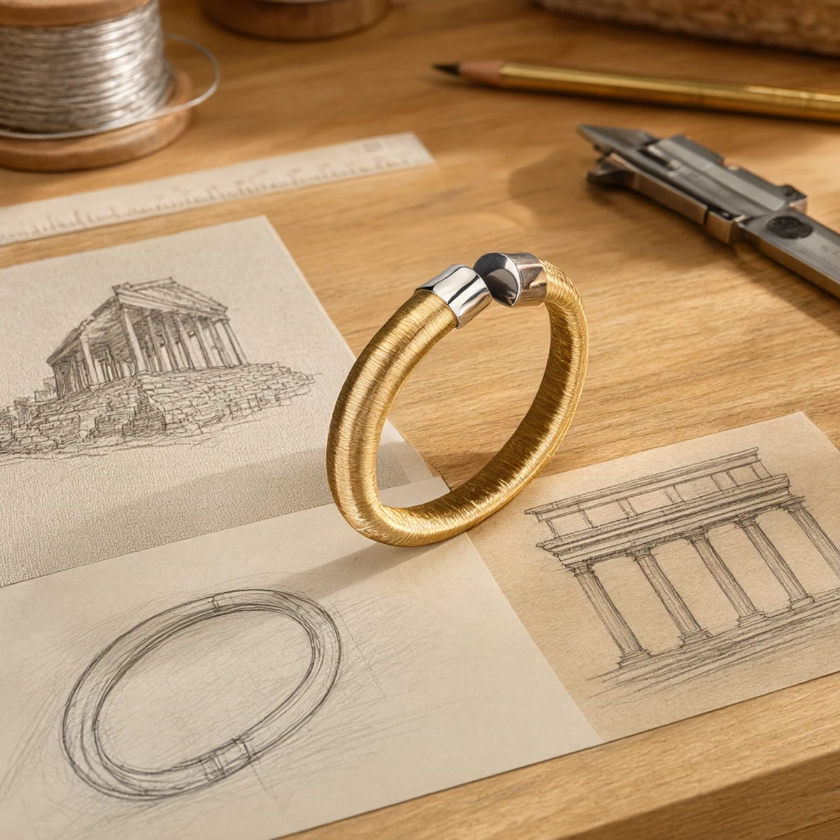 Design story of the S925 Silver Bangle — sketches and wire-wrap inspiration for the two-tone open cuff