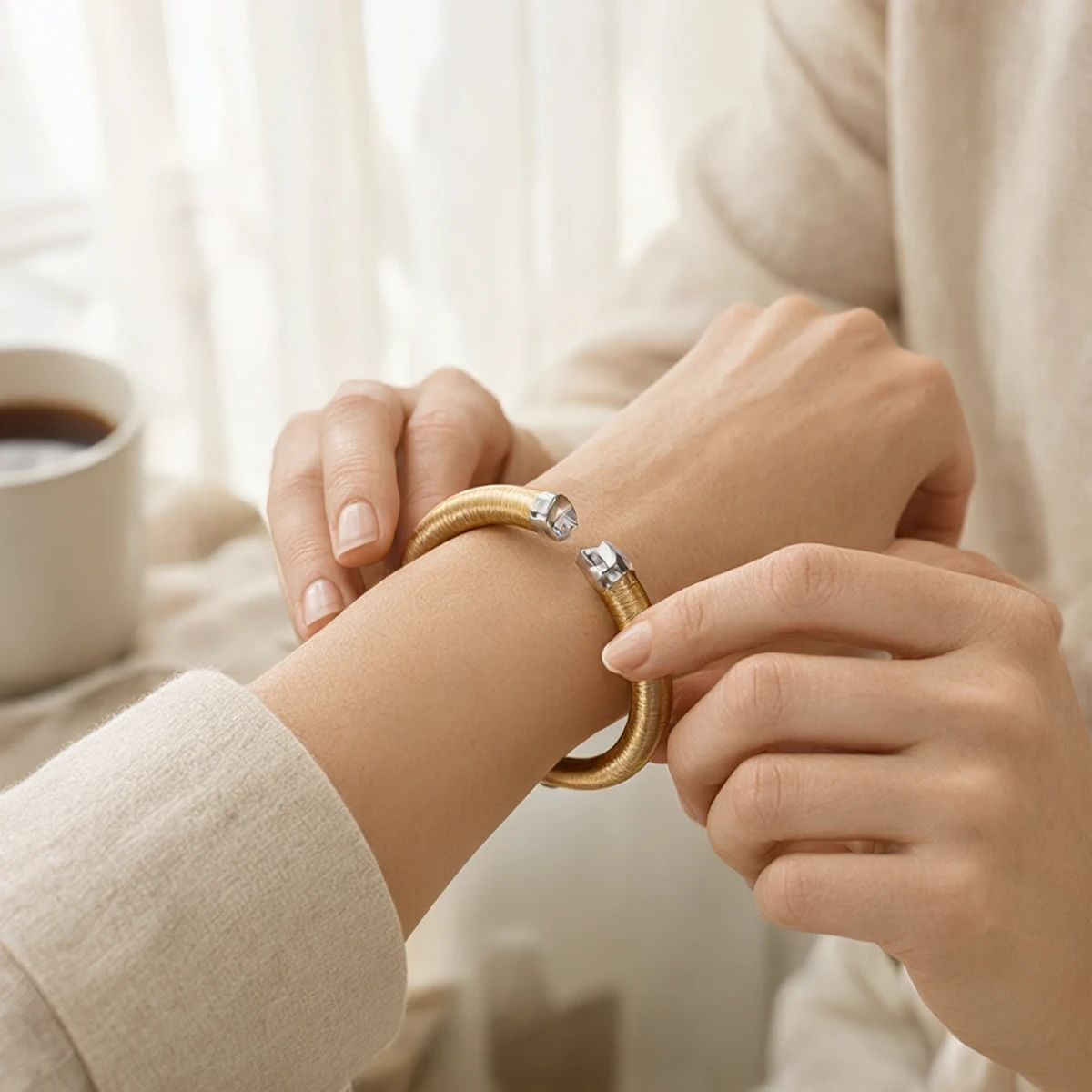 Gift moment with the S925 Silver Bangle — two-tone open cuff presented in MIRAMETAL packaging