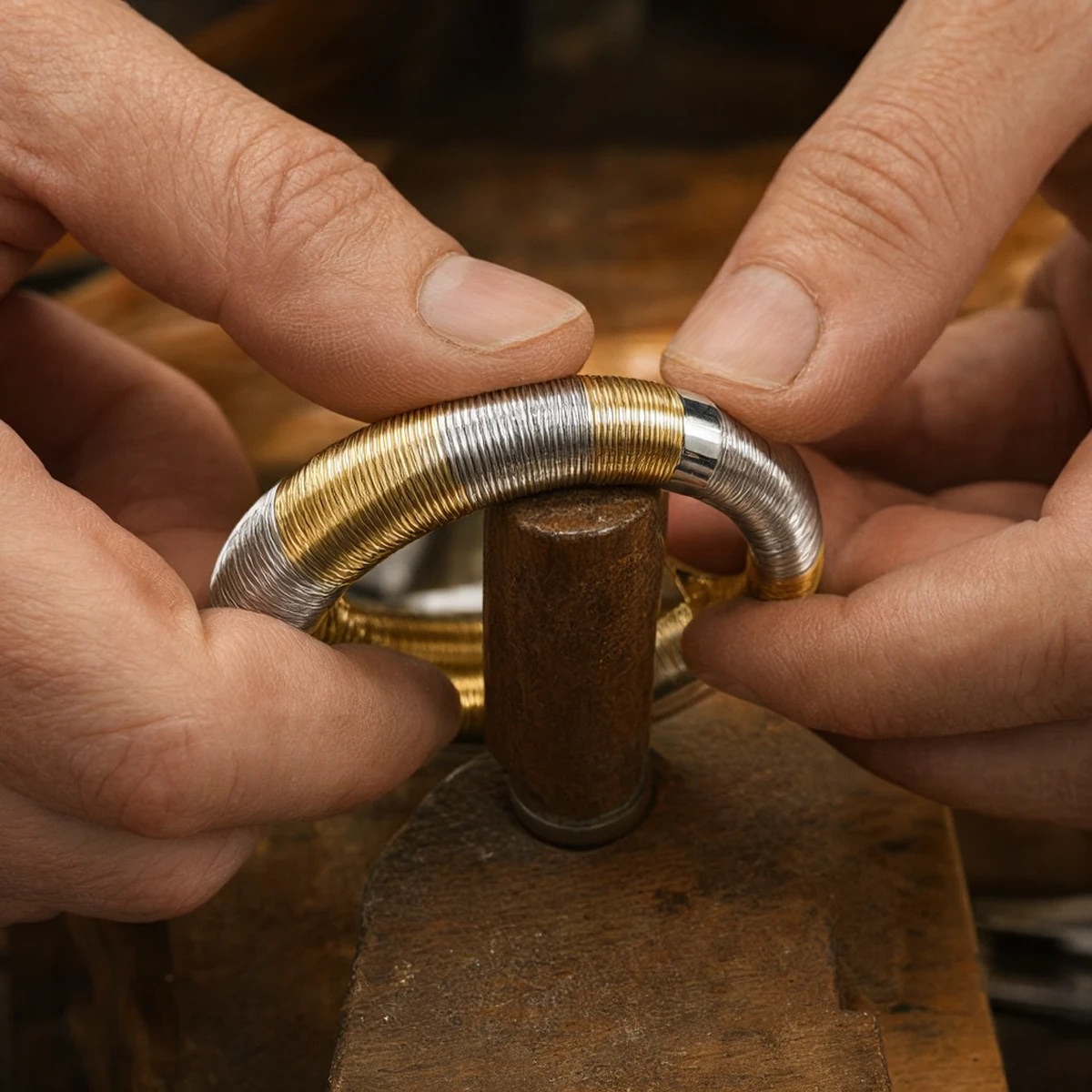 Artisan hand-winding sterling silver wire onto the C-shape core of the S925 Silver Bangle in the Guangzhou workshop