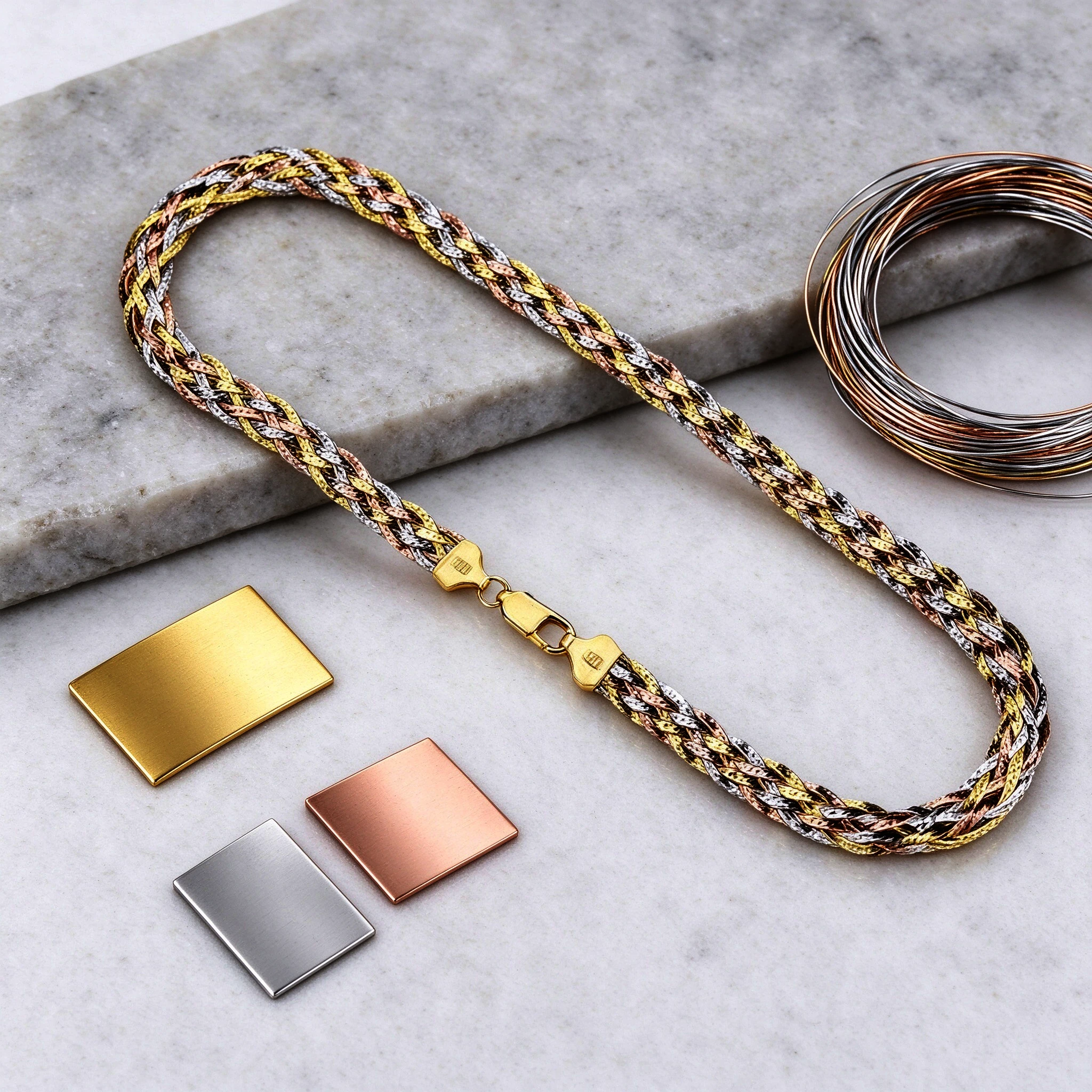 Material detail of the braided silver necklace — gold, rose gold and silver plating on 925 strands