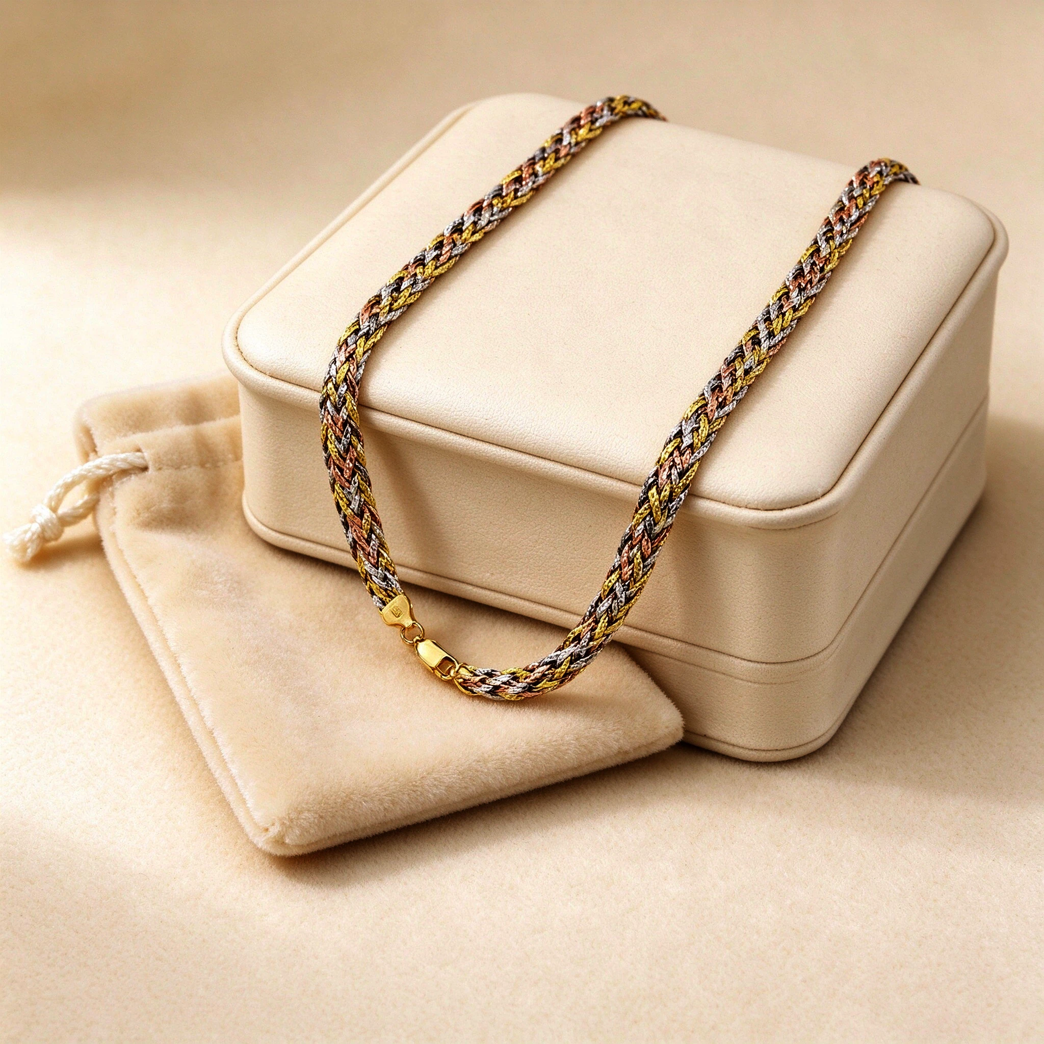 Gift box packaging for the braided silver necklace with velvet pouch and polishing cloth