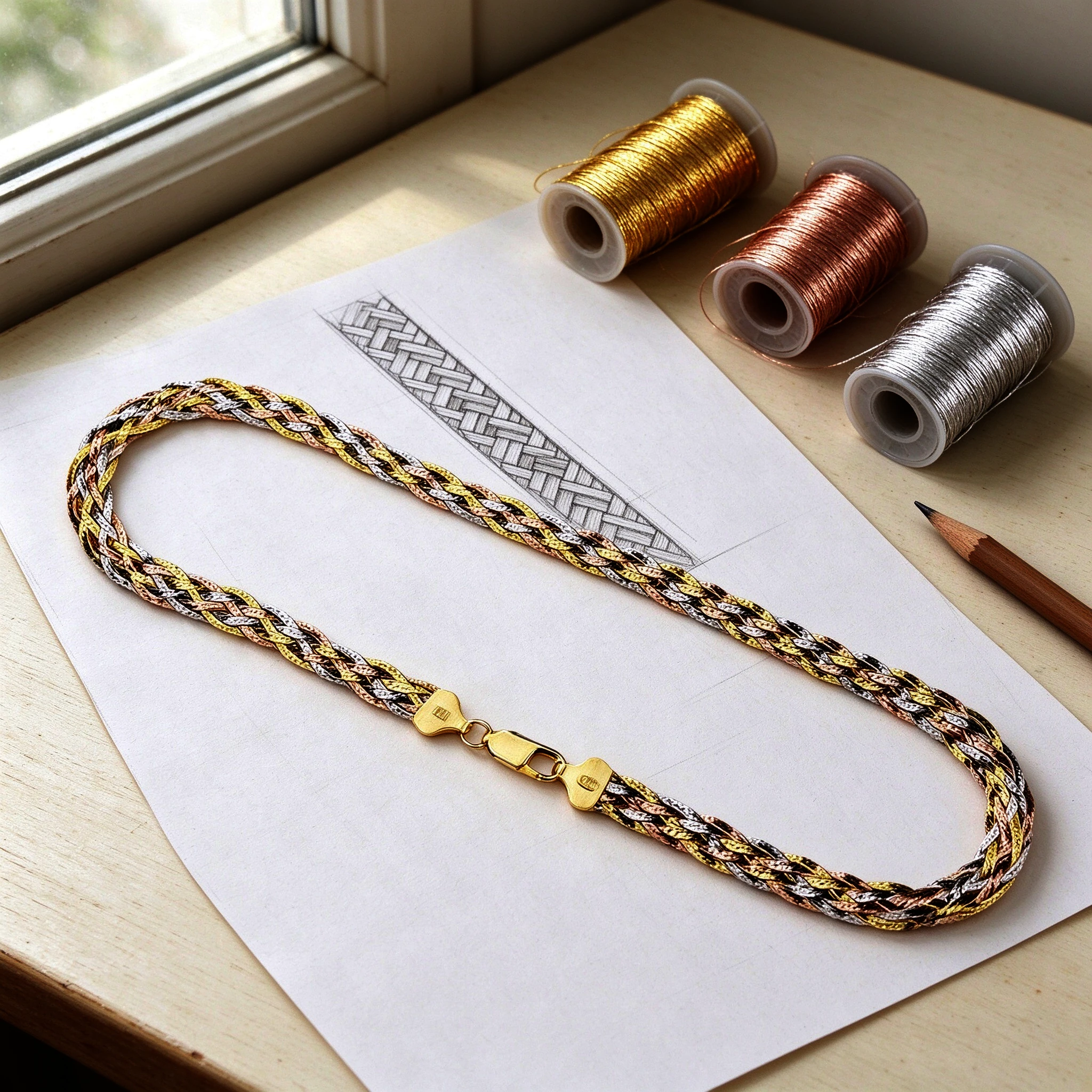 Design story of the braided silver necklace — three metallic strands and woven-strand sketches