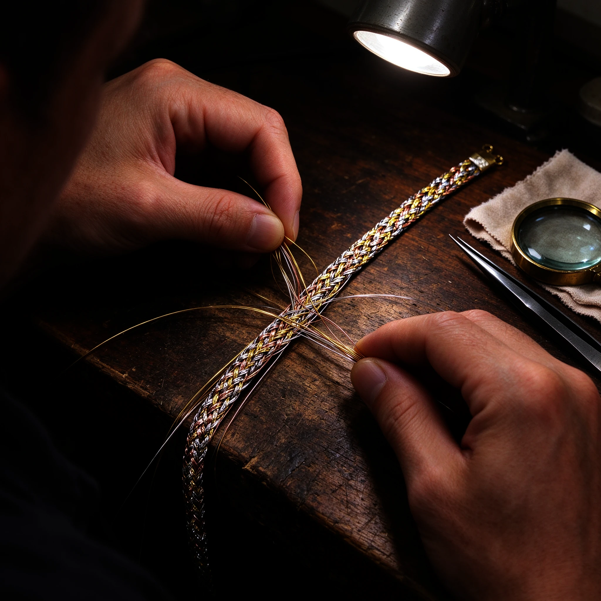 Craftsmanship of the braided silver necklace — artisan weaving tri-color 925 silver strands by hand