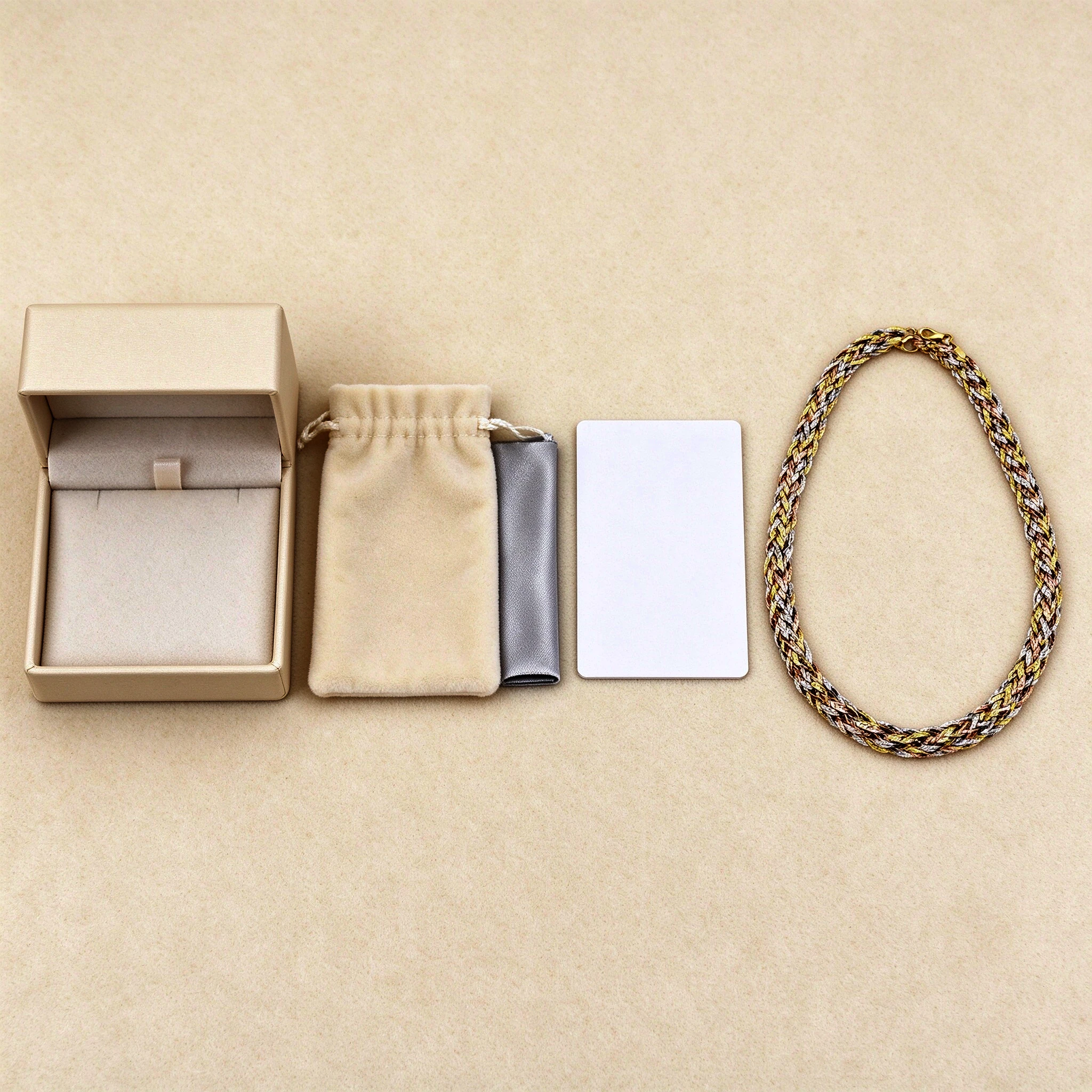 Packaging set of the braided silver necklace — gift box, pouch, polishing cloth and card