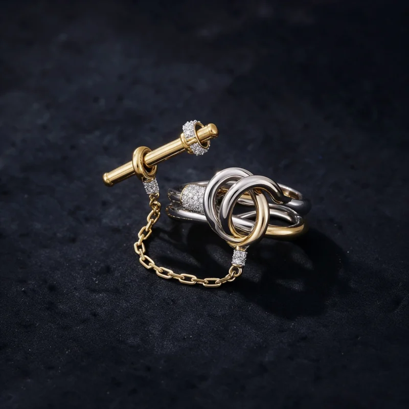 Two Tone Chain Link Ring - Interlocking Ring Statement Design in 925 Sterling Silver