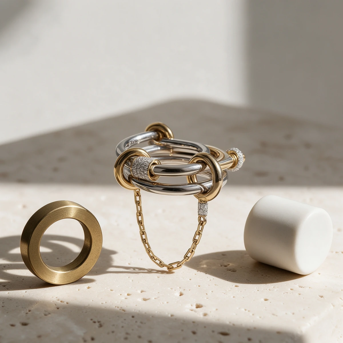 Two-tone chain link ring design story showing interlocking double bands and gold-tone chain in 925 sterling silver