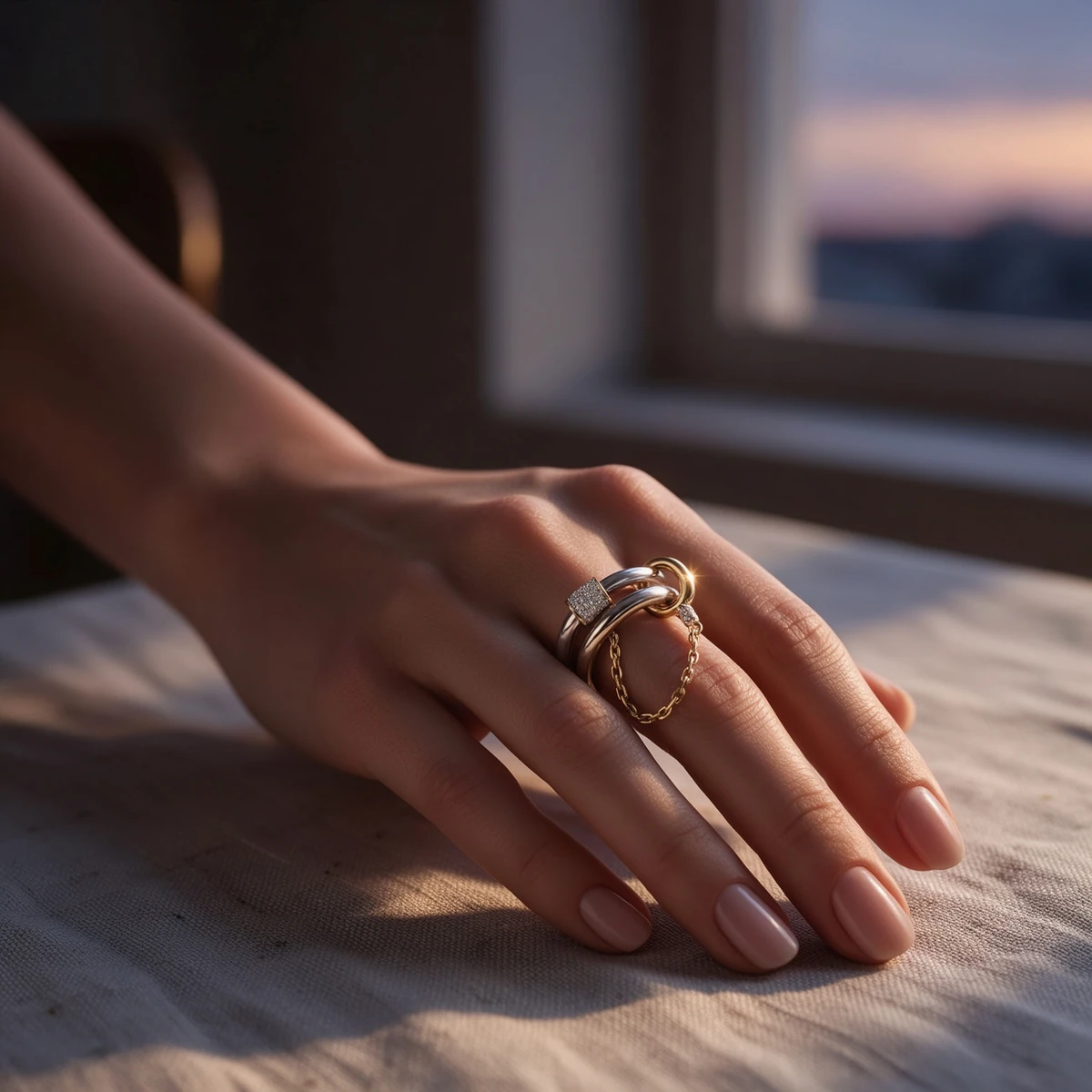 Craftsmanship detail of pavé-set white stones on interlocking chain link ring bands