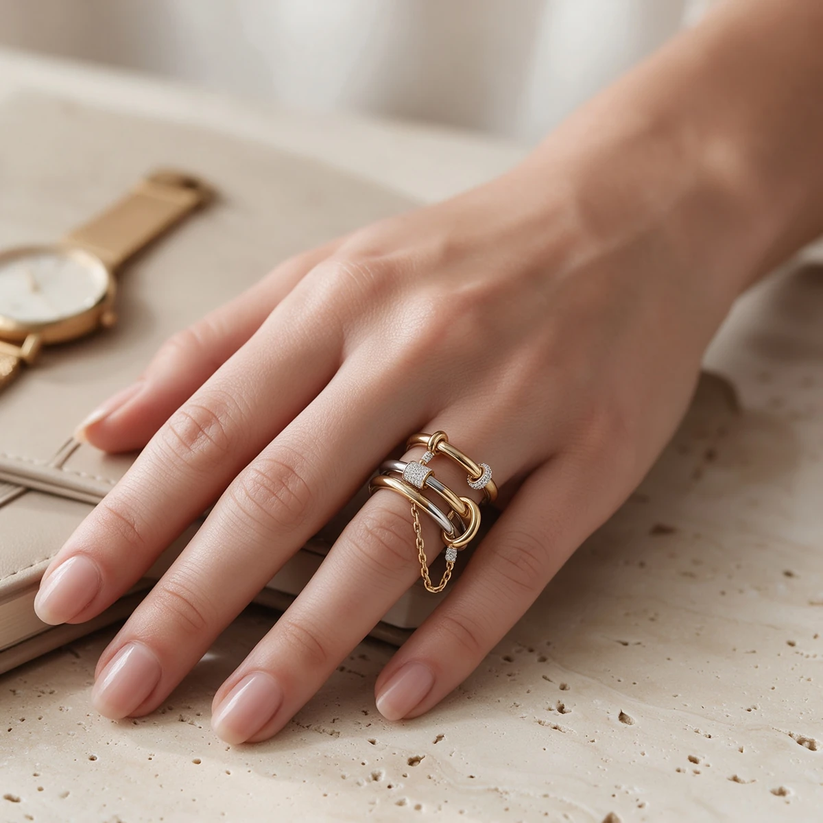 Gift-ready packaging for a two-tone 925 sterling silver chain link ring