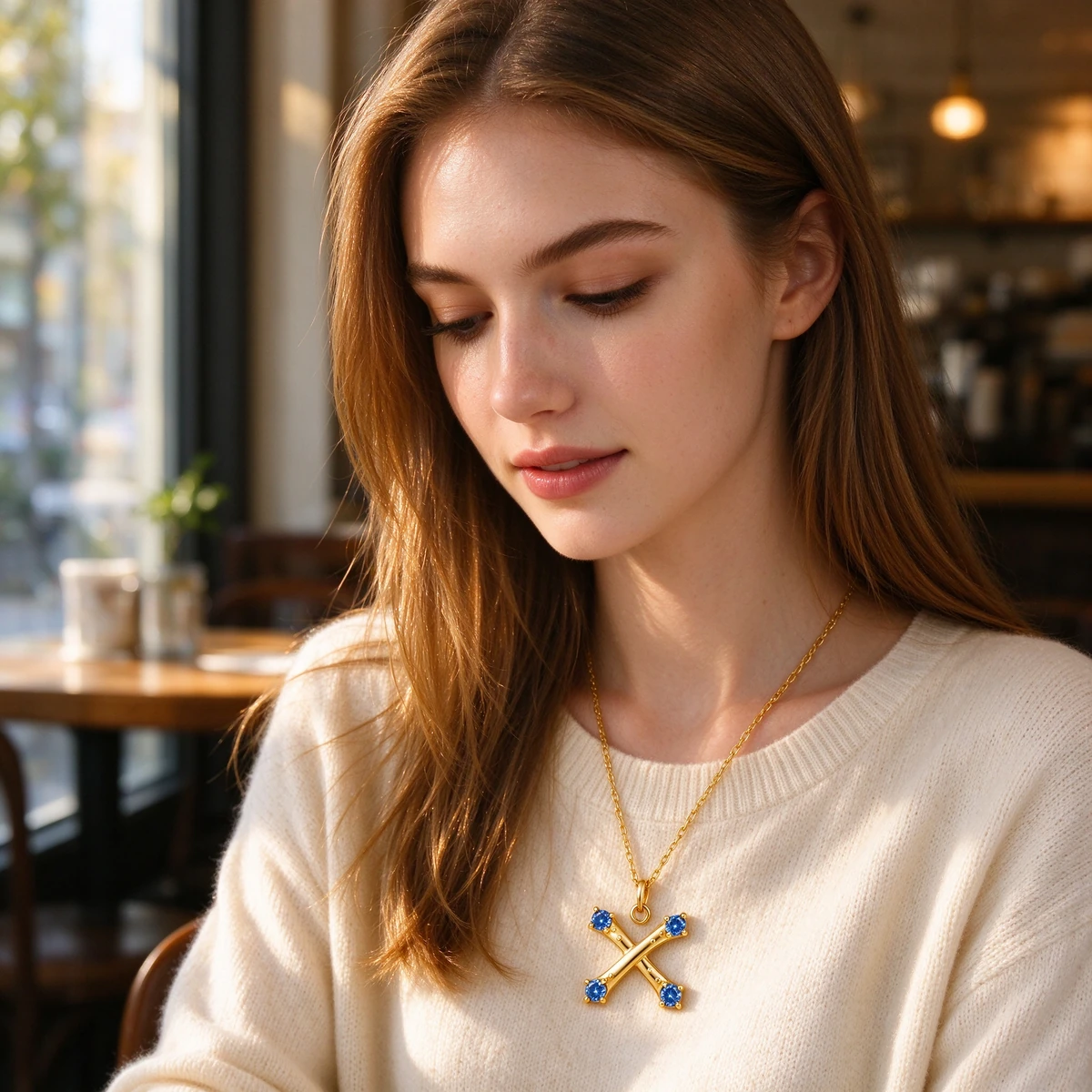 moissanite pendant necklace worn by woman everyday outfit