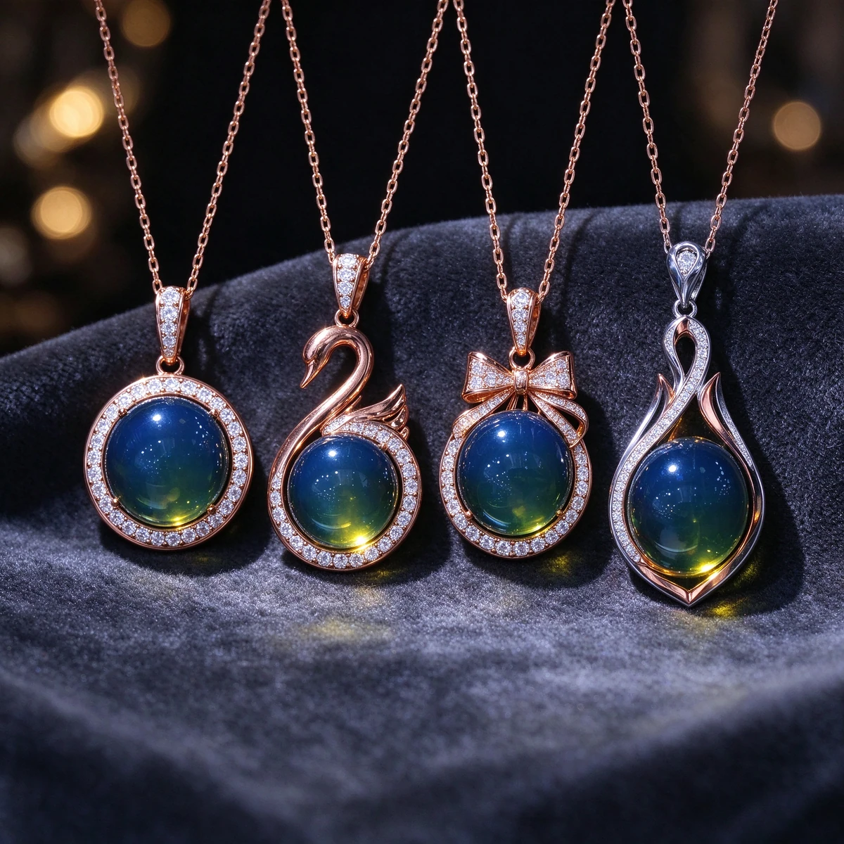 Mexican blue amber pendant design story, natural blue amber glow on soft silk