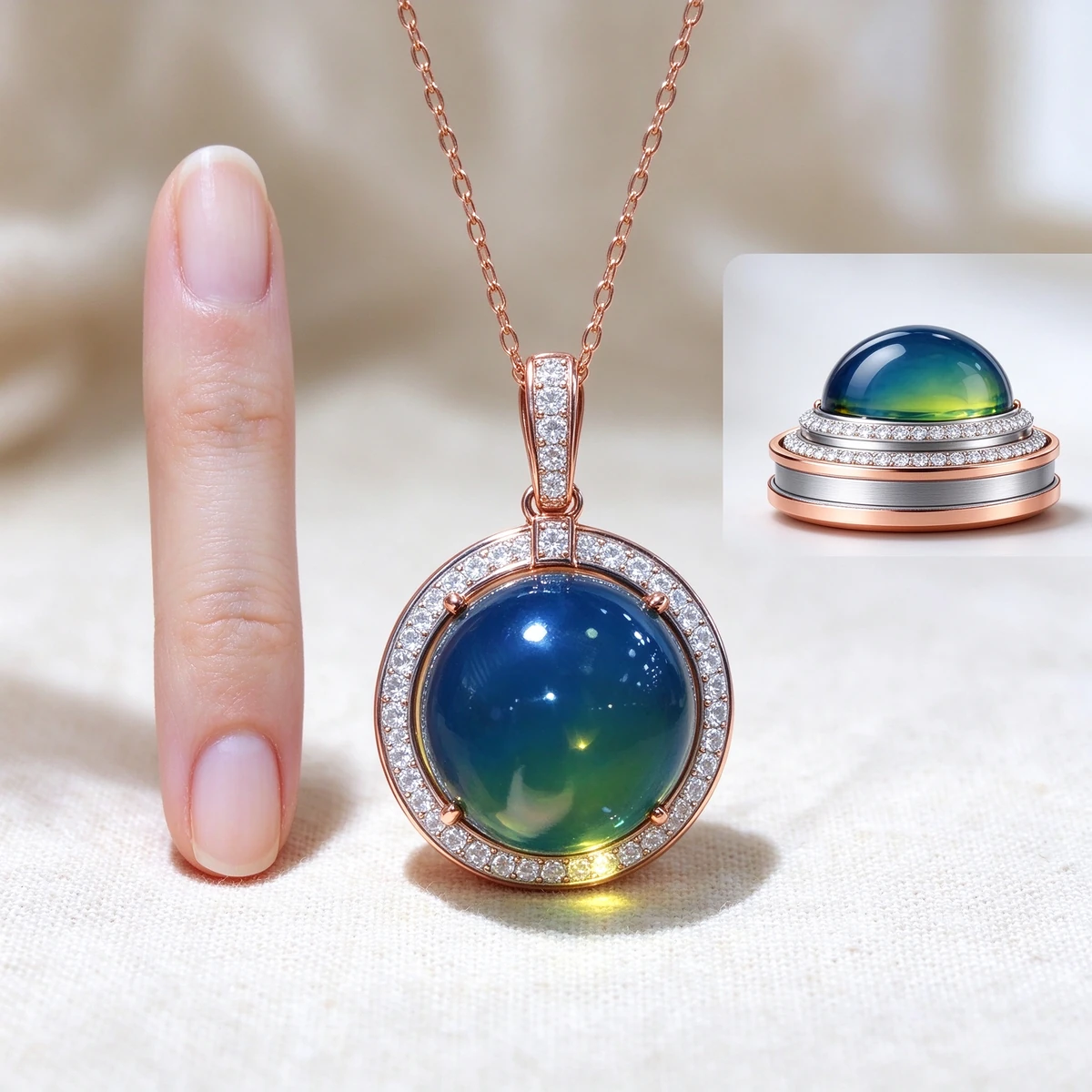 Natural blue amber 15mm round cabochon material close-up, 925 silver pendant