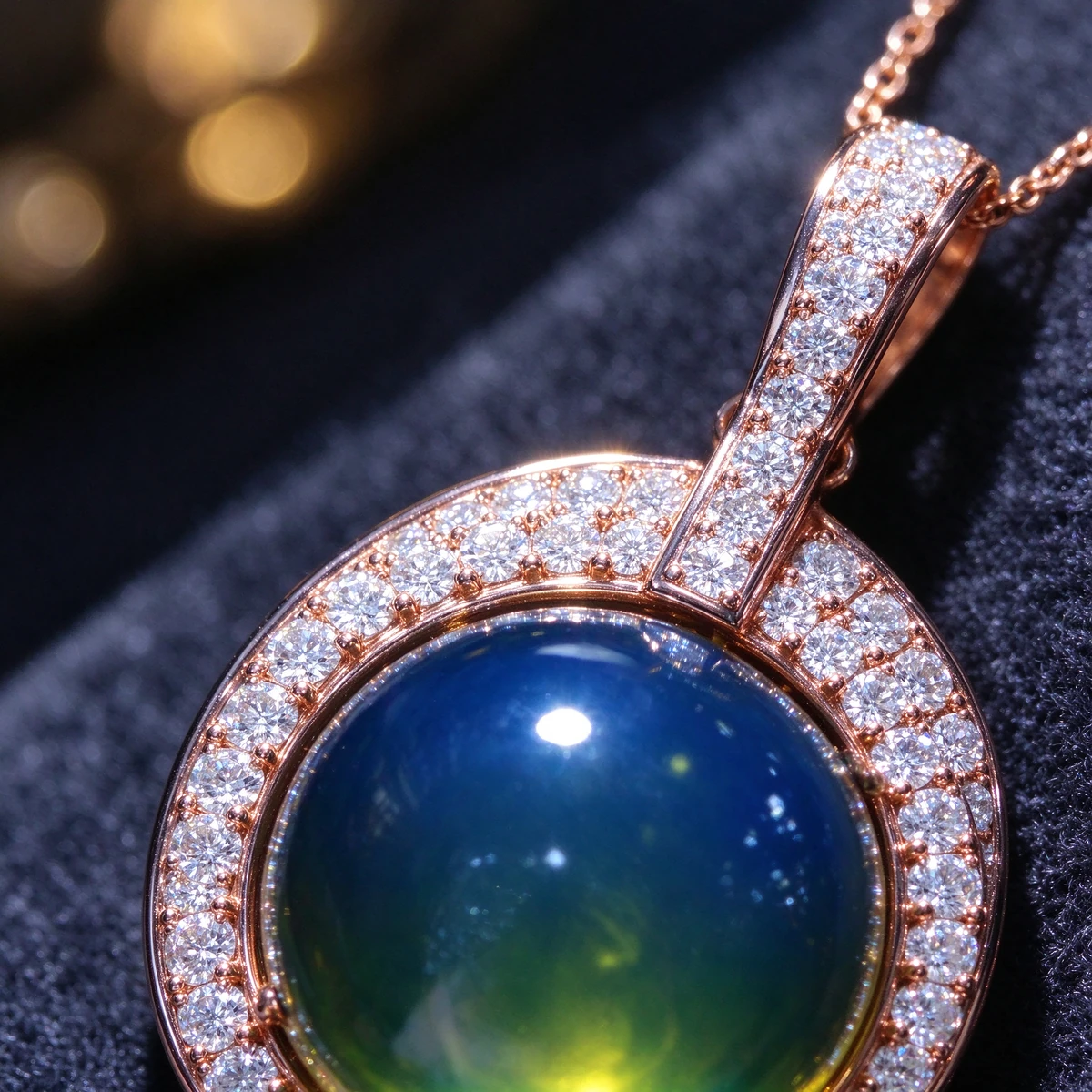 925 sterling silver micro-set CZ halo craftsmanship detail, rose gold amber necklace