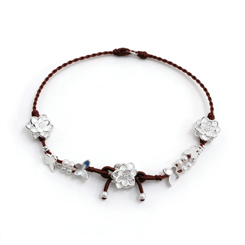 Lotus & Butterfly Hand-Woven Bracelet - 925 Sterling Silver