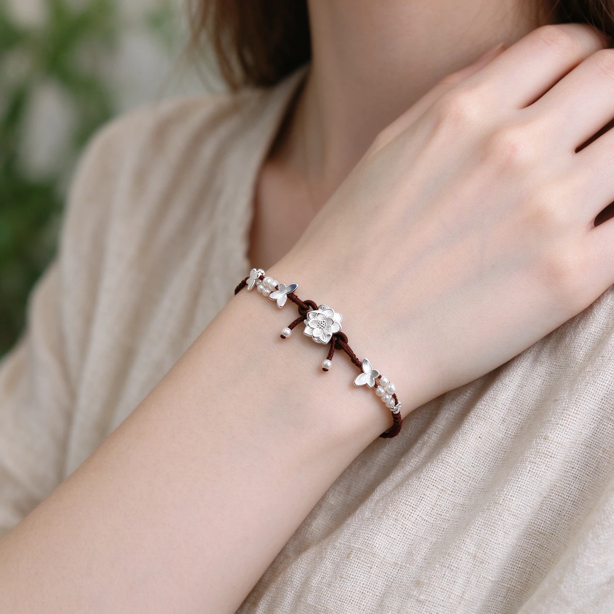 Lotus & Butterfly Hand-Woven Bracelet - 925 Sterling Silver