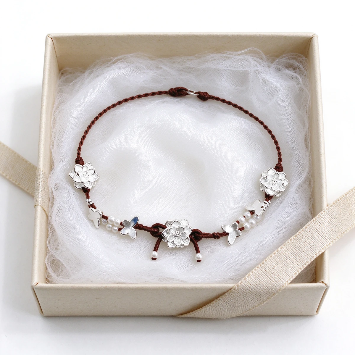 Lotus butterfly bracelet gift box, silver charm bracelet presented in cream box