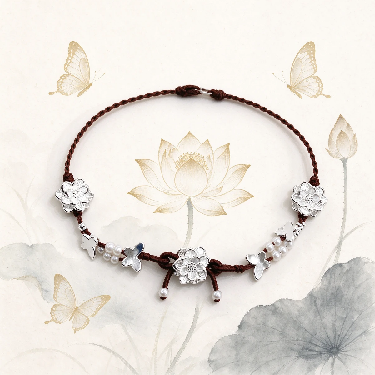Lotus butterfly hand-woven bracelet design story, silver charms on terracotta cord