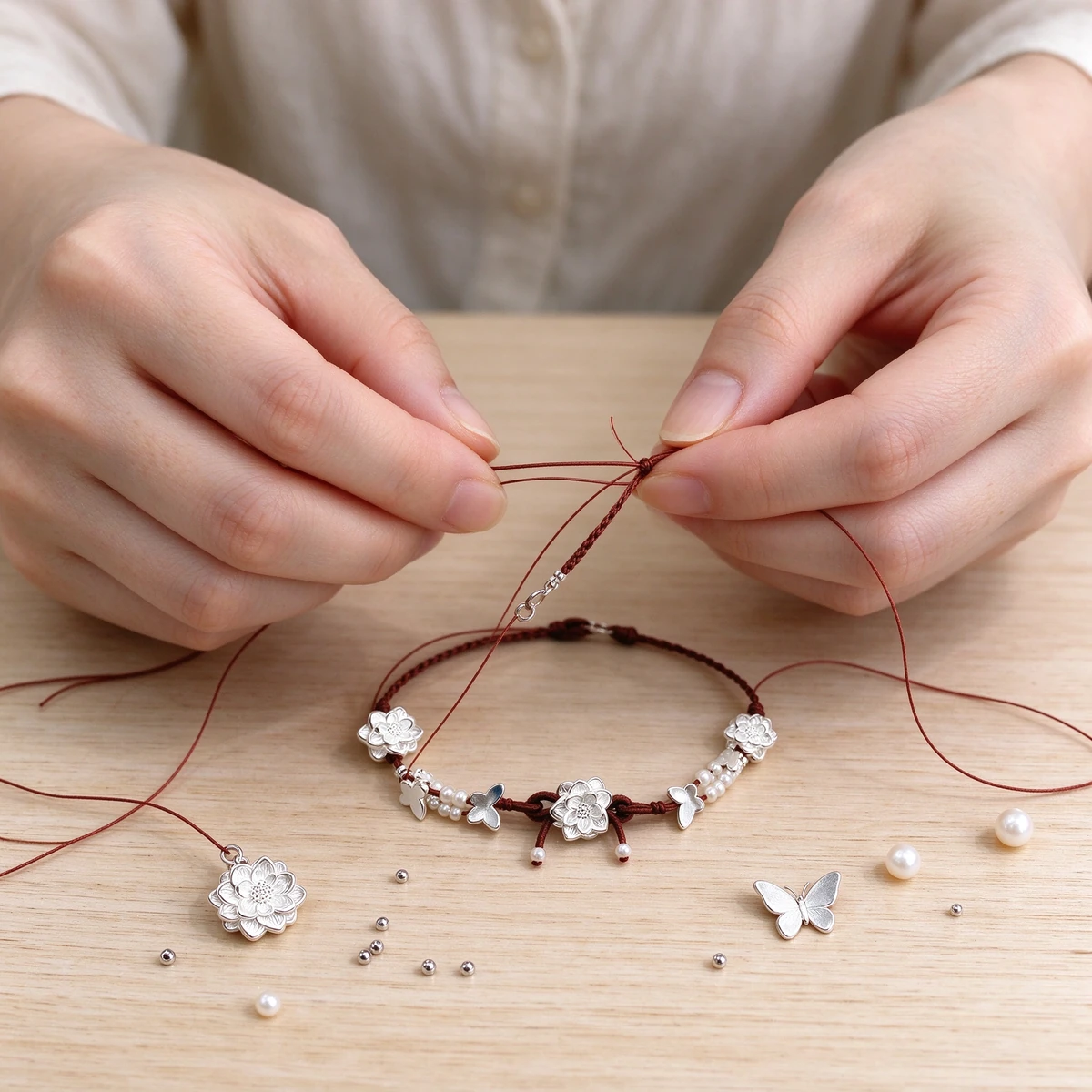 Hand-woven bracelet craftsmanship, braiding silver charm bracelet by hand