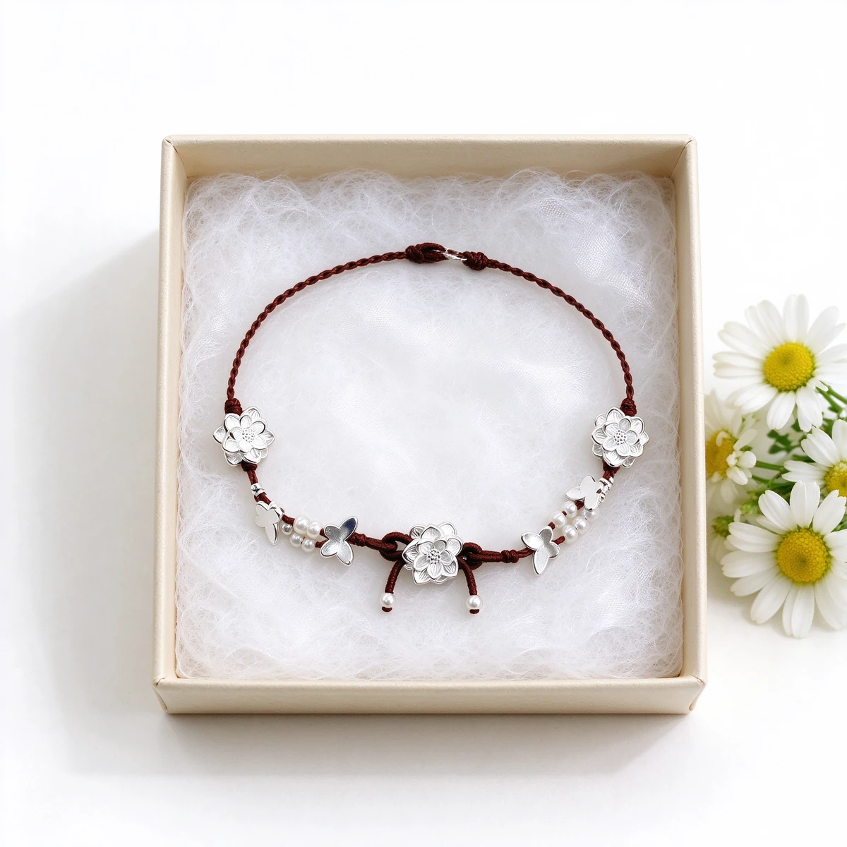Lotus butterfly bracelet gift set, silver charm bracelet in cream box with flowers