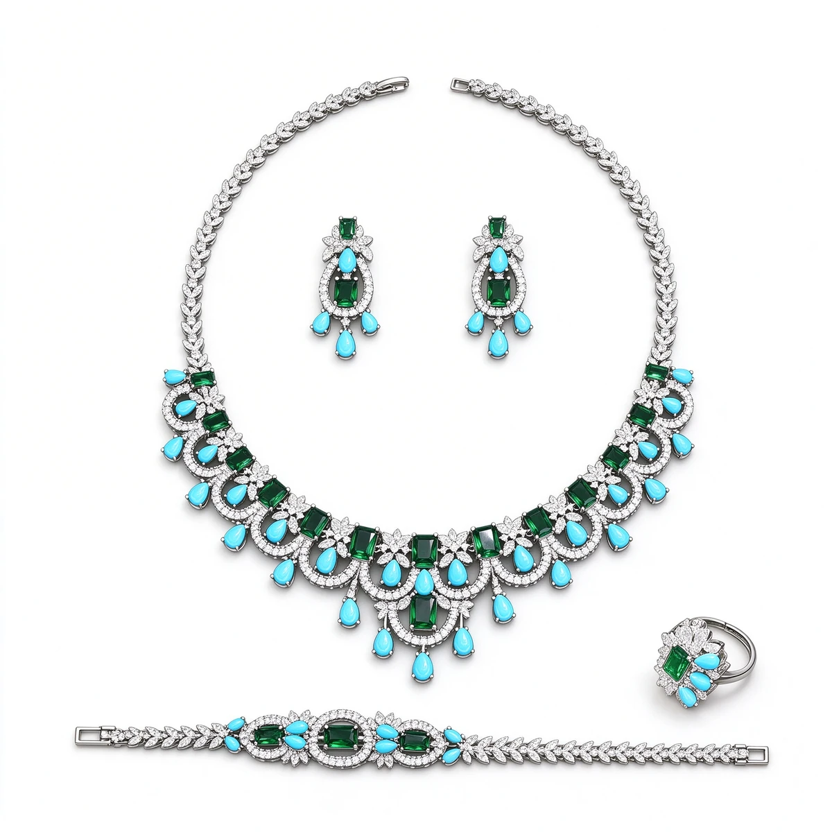 Bridal Color Gemstone Jewelry Set (Necklace, Earrings, Bracelet & Ring)