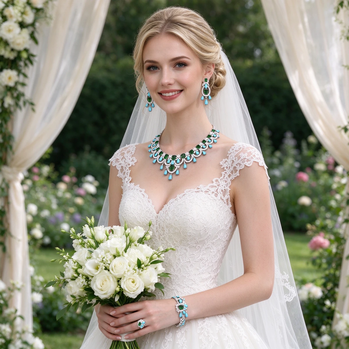 Bride wearing bridal color gemstone jewelry set on wedding day