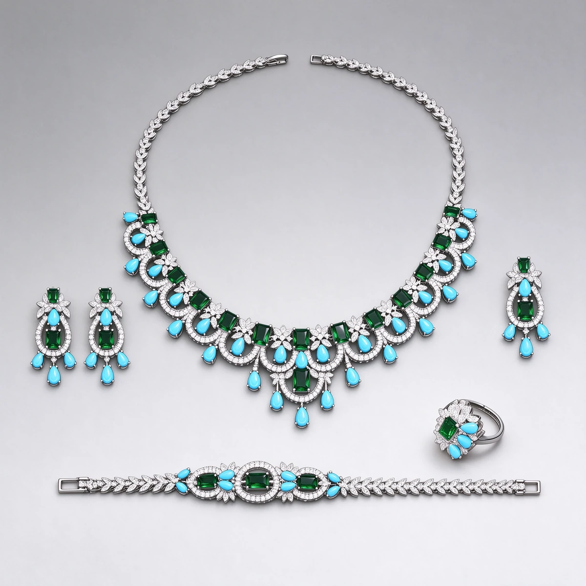 Silver plated finish of bridal color gemstone jewelry set four piece jewelry set