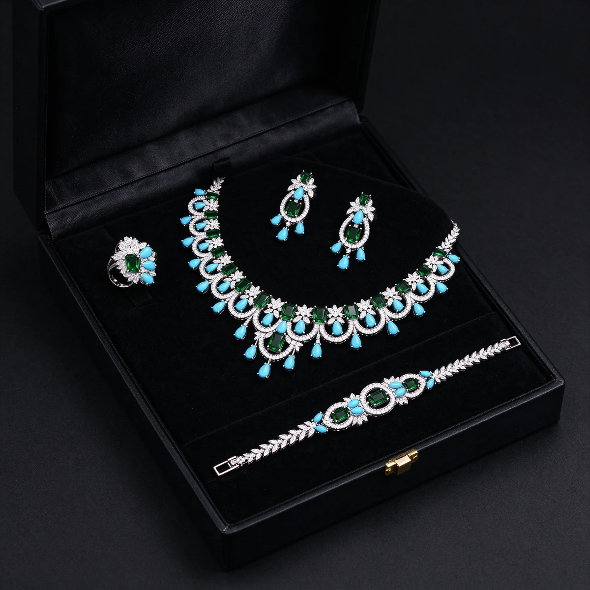 Bridal color gemstone jewelry set in black gift box ready for gifting