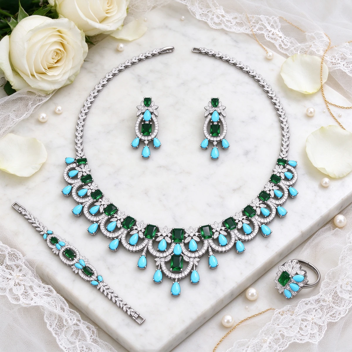 Design story of bridal color gemstone jewelry set with roses and pearls