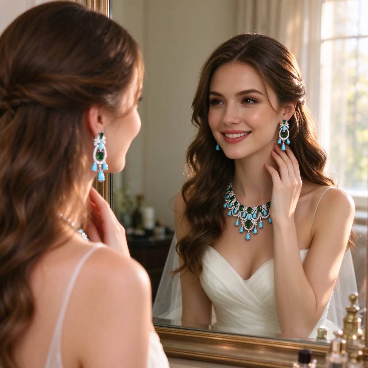 Emotional close up of bride wearing bridal color gemstone jewelry set