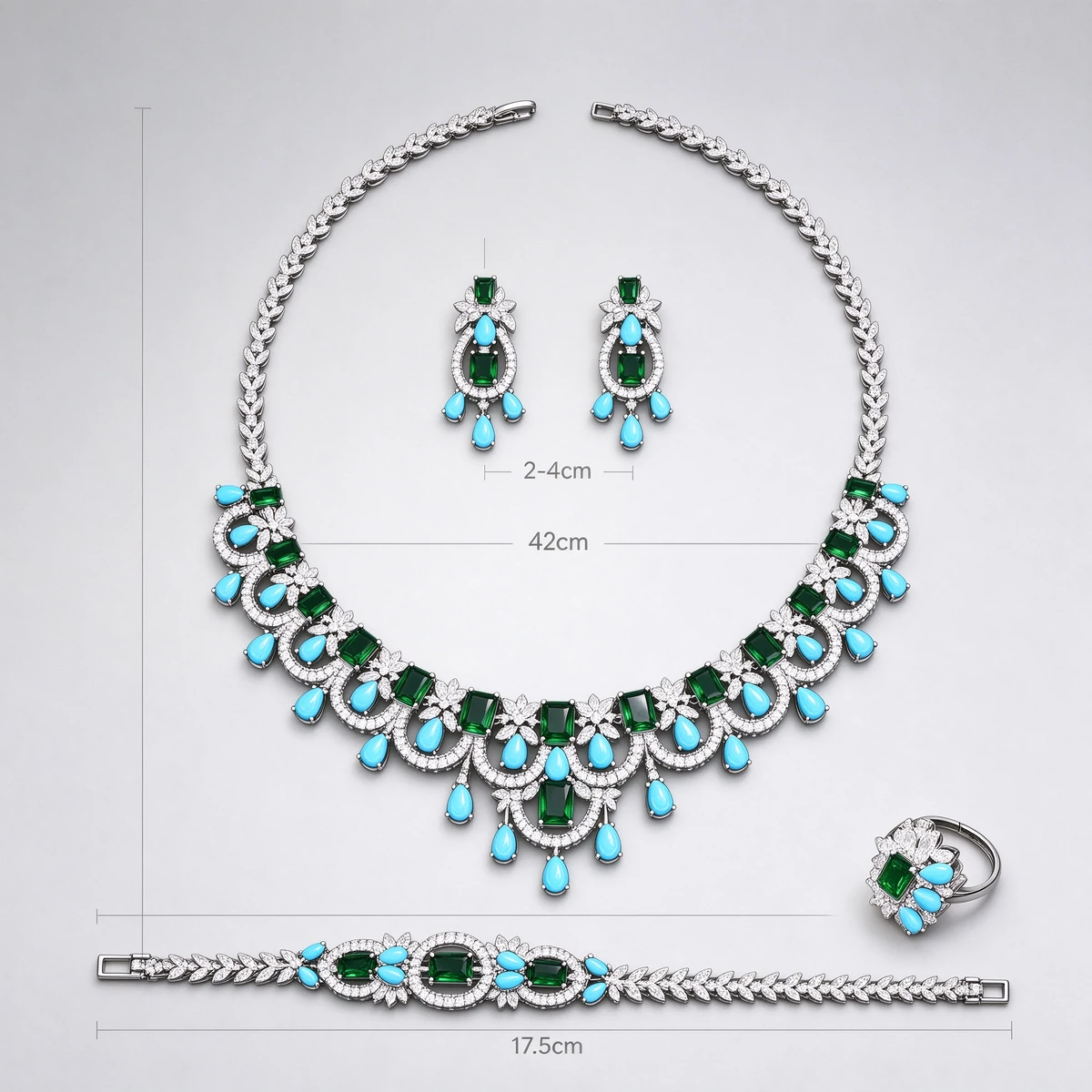 Size specification of bridal color gemstone jewelry set necklace 42cm bracelet 17.5cm